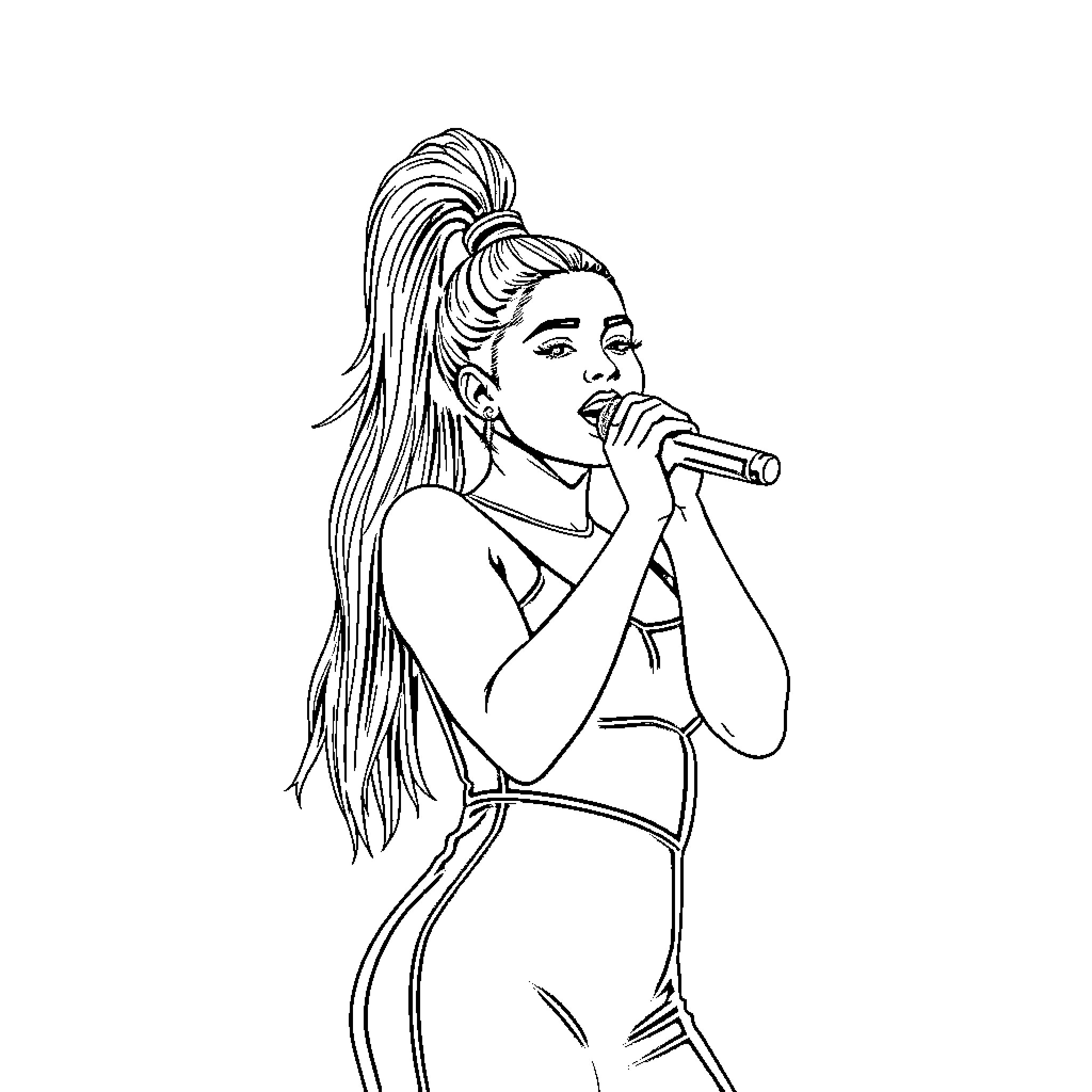 Ariana Grande performing on stage with microphone Coloring Page (free black-and-white line drawing printable PDF for all, from beginners to advanced learners, including children, teens, adults, and seniors)