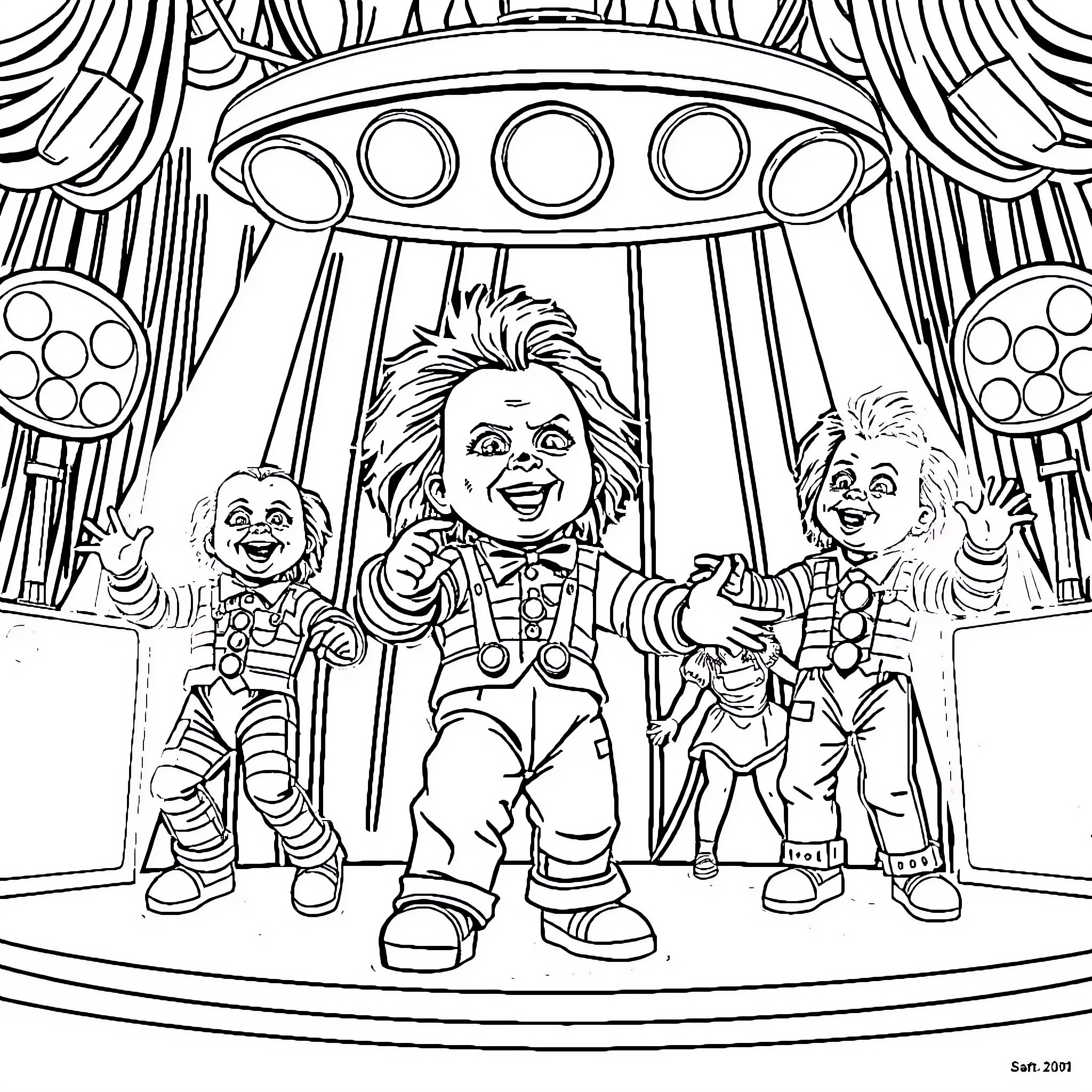 Animatronic Circus Performers Entertaining the Crowd Coloring Page (free black-and-white line drawing printable PDF for all, from beginners to advanced learners, including children, teens, adults, and seniors)