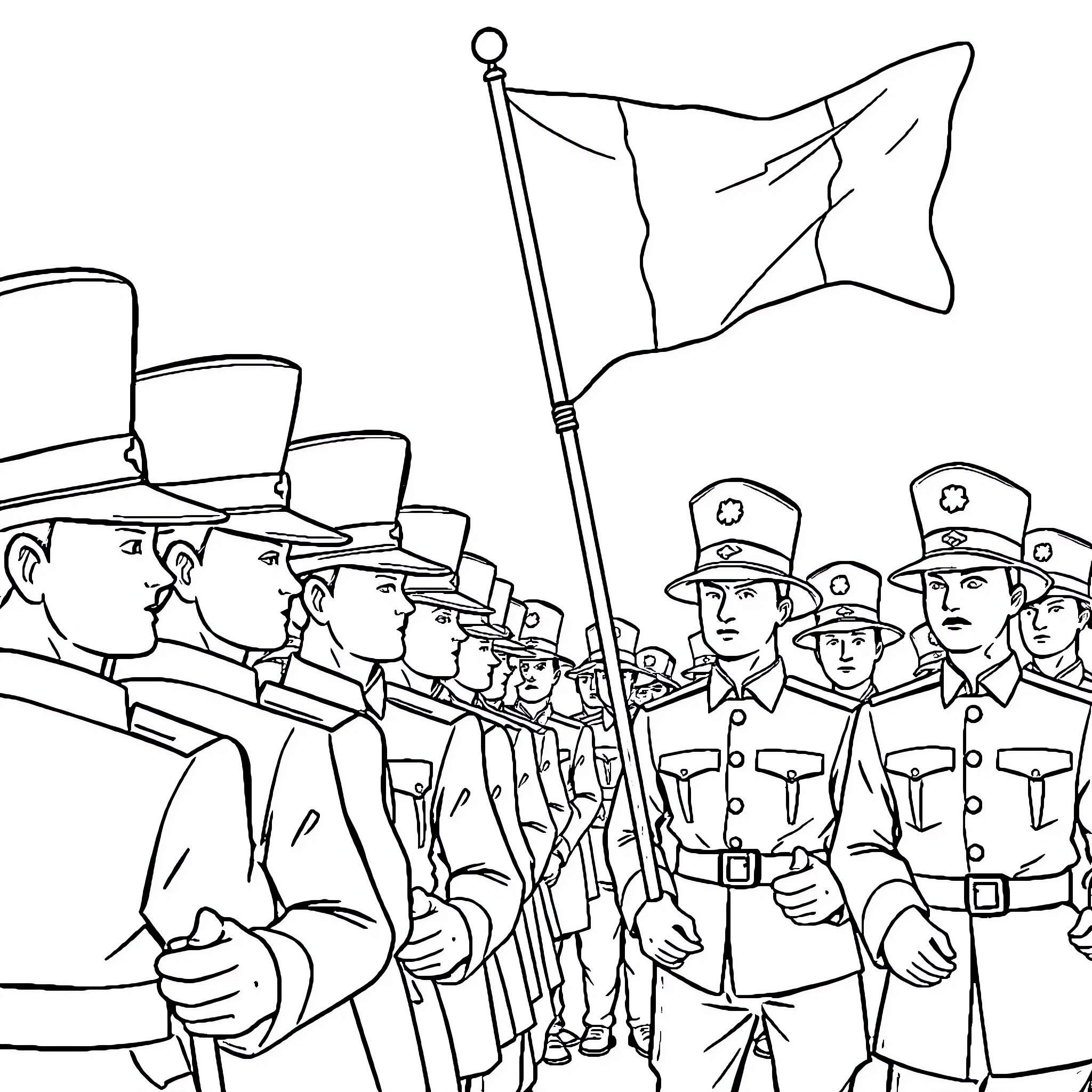 Soldier leading a military parade Coloring Page (free black-and-white line drawing printable PDF for all, from beginners to advanced learners, including children, teens, adults, and seniors)