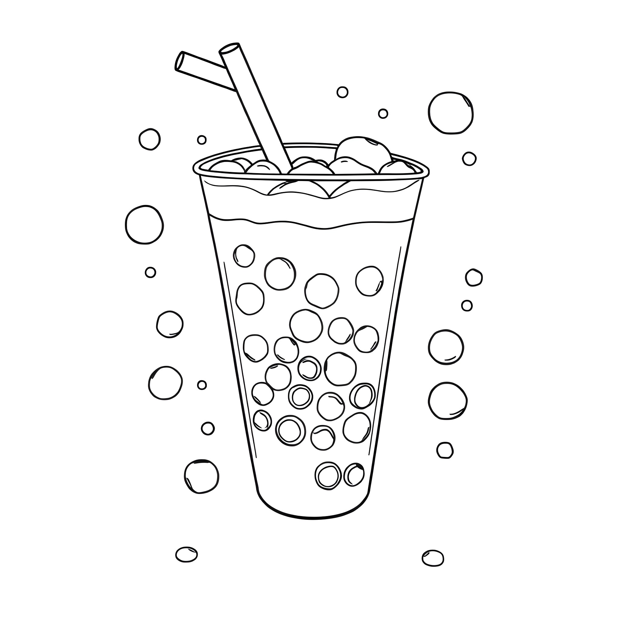 Bubble Tea with Floating Pearls Coloring Page (free black-and-white line drawing printable PDF for all, from beginners to advanced learners, including children, teens, adults, and seniors)