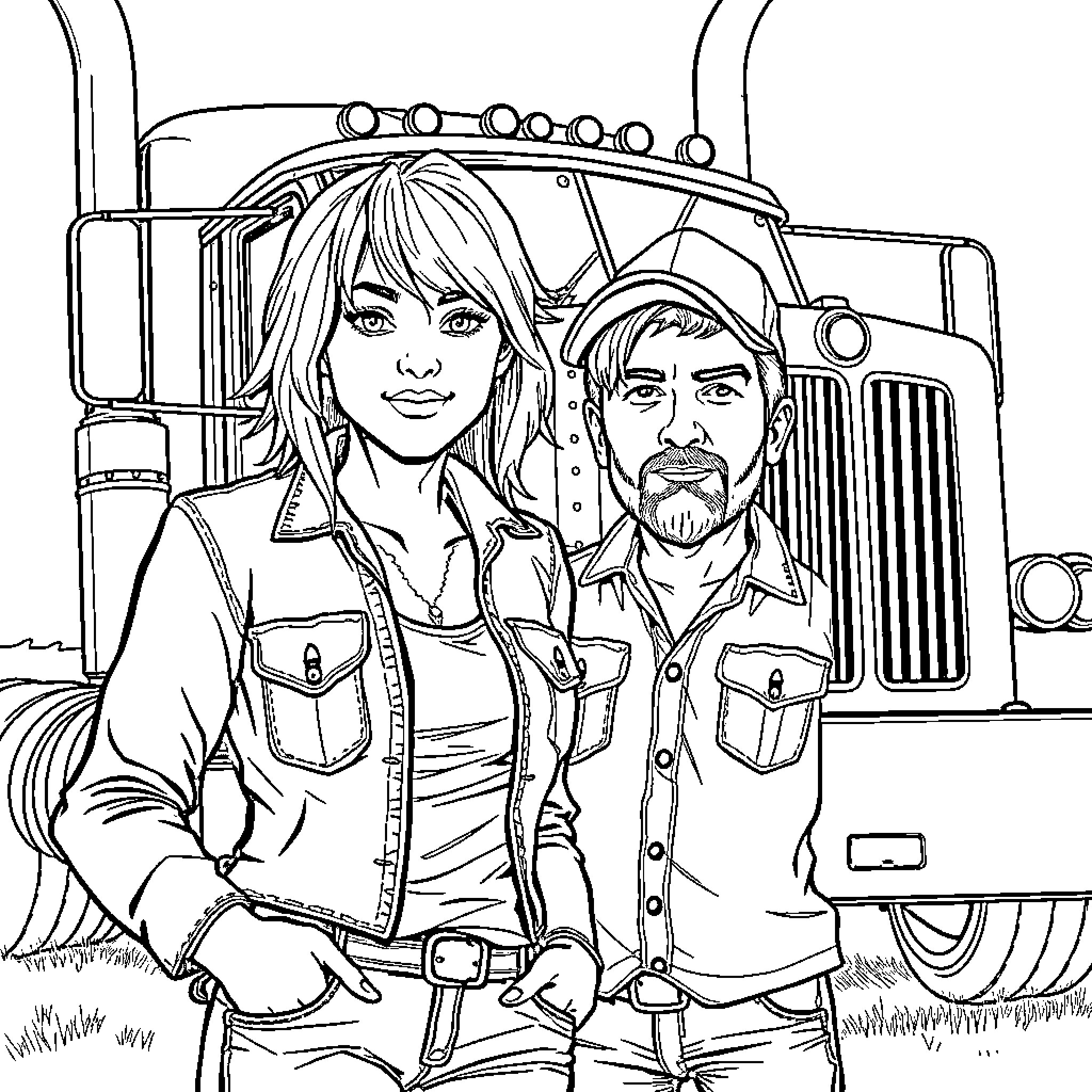 Woman and man standing in front of a truck Coloring Page (free black-and-white line drawing printable PDF for all, from beginners to advanced learners, including children, teens, adults, and seniors)