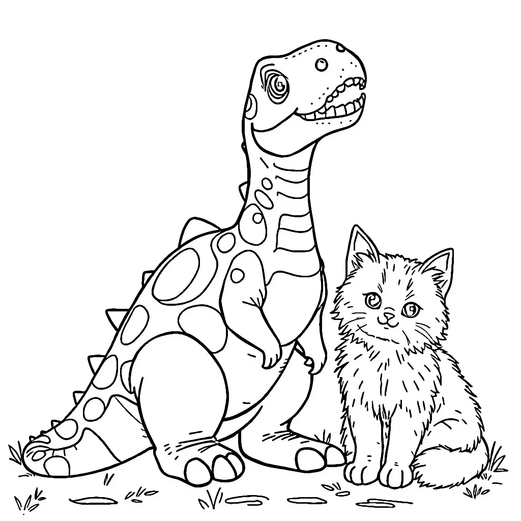 Dinosaur and Kitten in Playful Encounter Coloring Page (free black-and-white line drawing printable PDF for all, from beginners to advanced learners, including children, teens, adults, and seniors)
