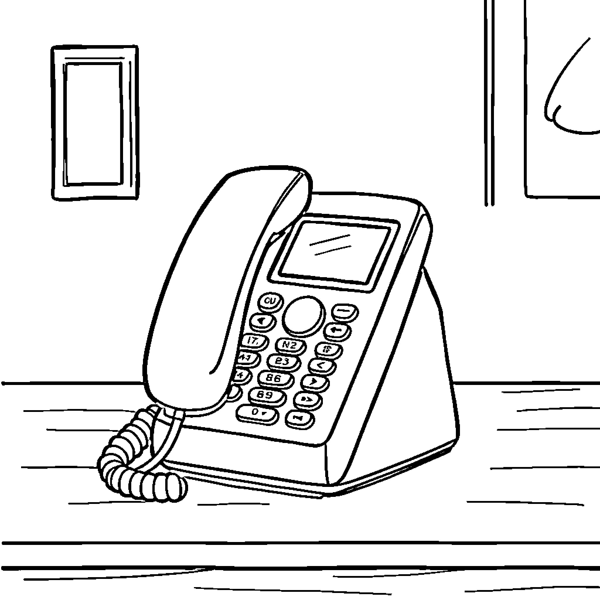 Telephone in a simple office scene Coloring Page (free black-and-white line drawing printable PDF for all, from beginners to advanced learners, including children, teens, adults, and seniors)