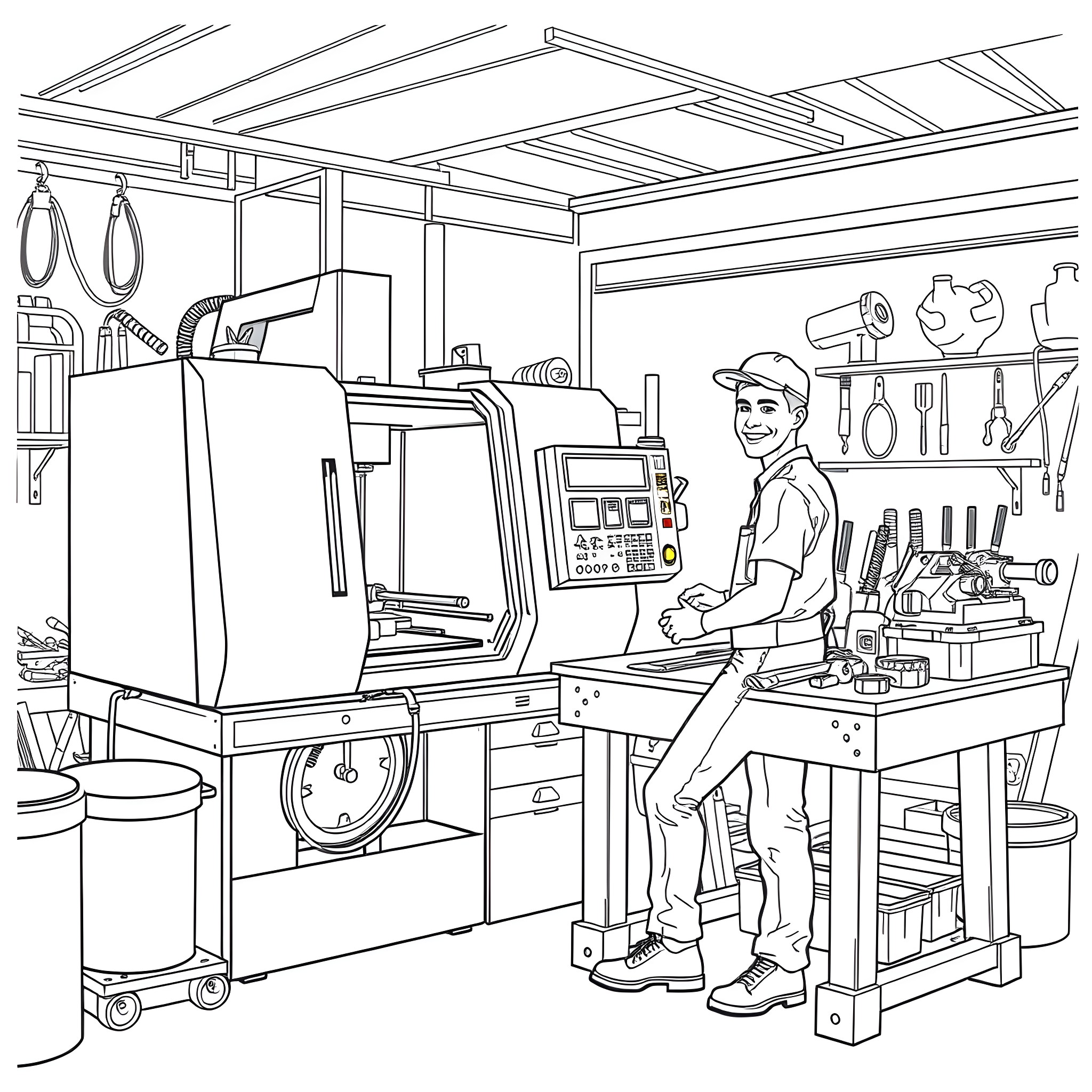 CNC Machine Operator Working in Industrial Workshop Coloring Page (free black-and-white line drawing printable PDF for all, from beginners to advanced learners, including children, teens, adults, and seniors)
