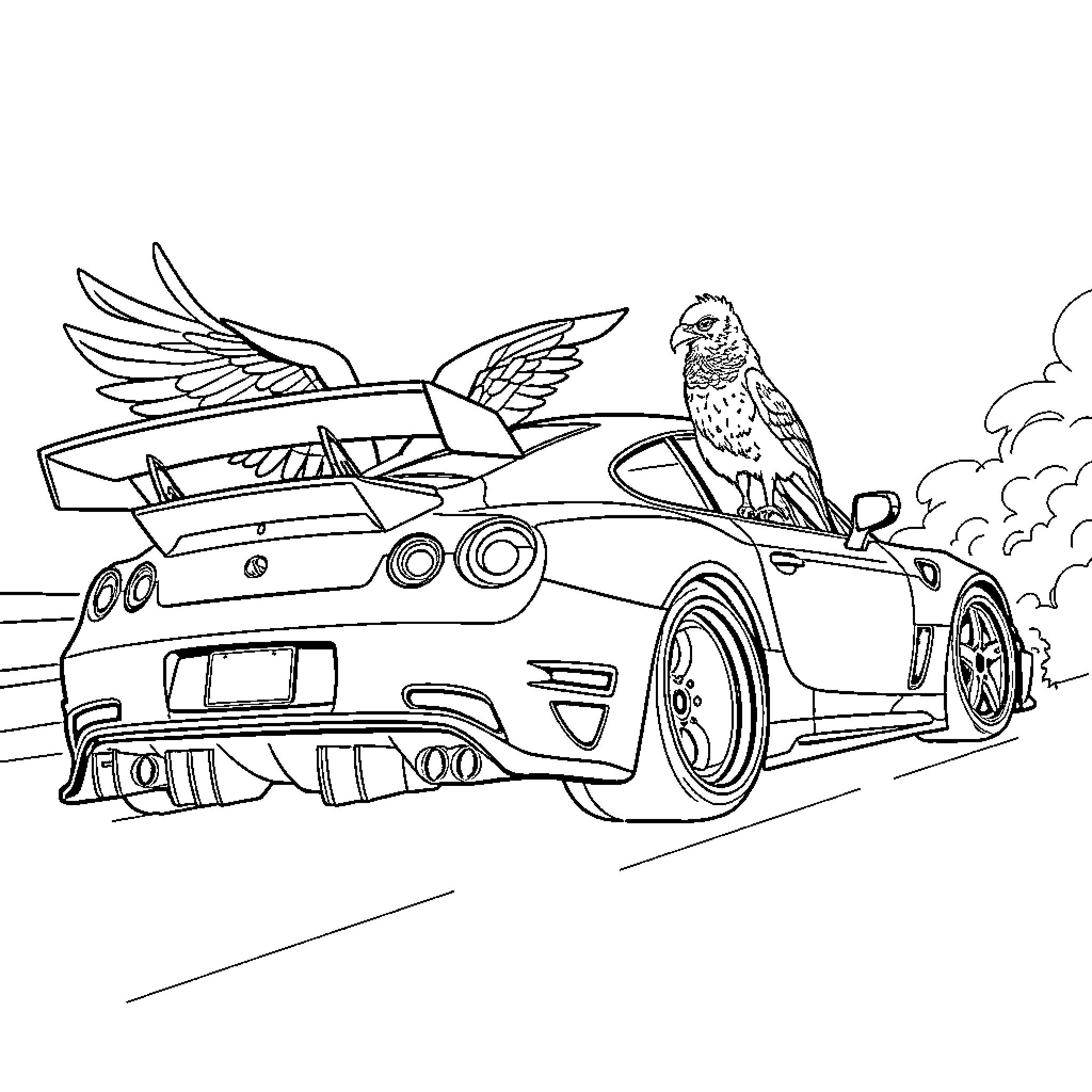 Tuning Car with Winged Elements and Raptor Coloring Page (free black-and-white line drawing printable PDF for all, from beginners to advanced learners, including children, teens, adults, and seniors)