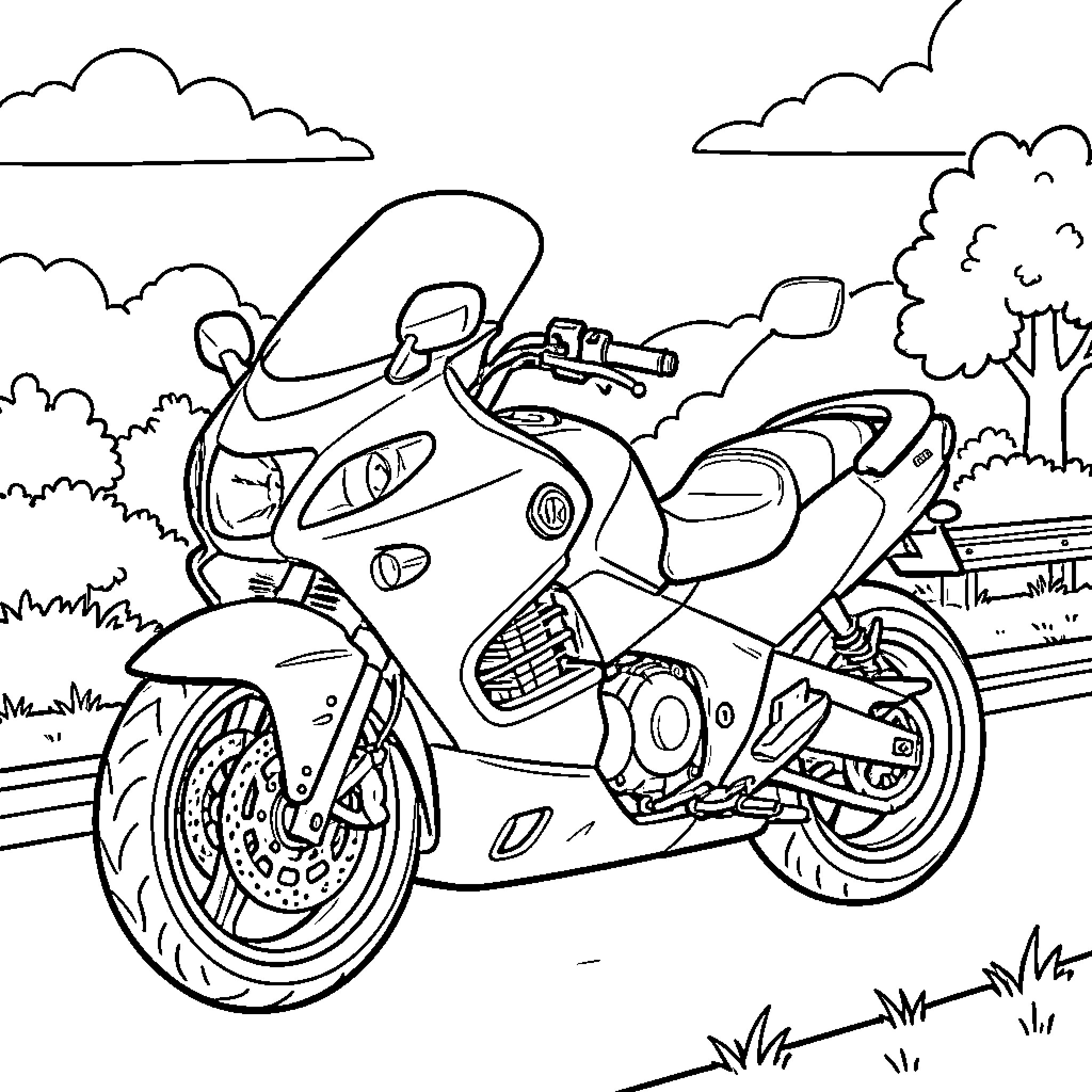 Honda motorcycle parked on a roadside near trees Coloring Page (free black-and-white line drawing printable PDF for all, from beginners to advanced learners, including children, teens, adults, and seniors)