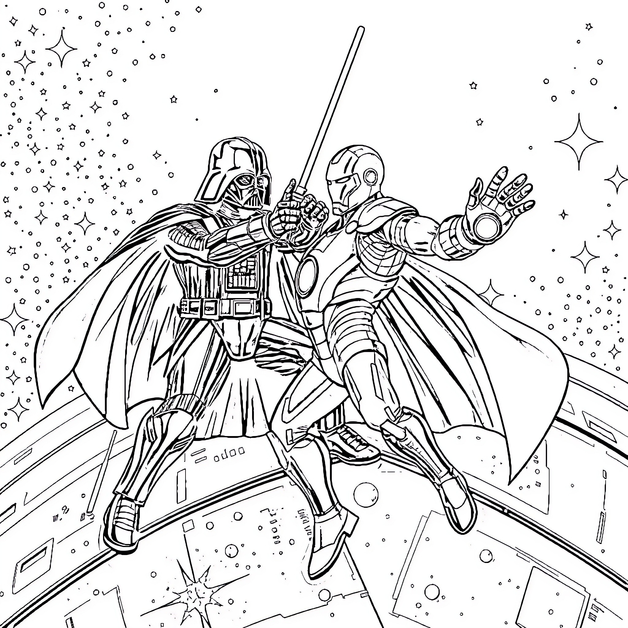 Darth Vader and Iron Man battle in space Coloring Page (free black-and-white line drawing printable PDF for all, from beginners to advanced learners, including children, teens, adults, and seniors)