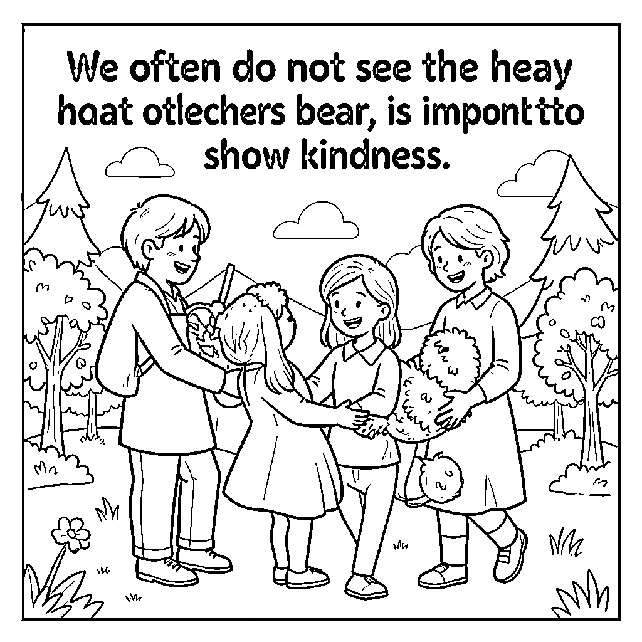 Kindness shown by children sharing joy and support Coloring Page (free black-and-white line drawing printable PDF for all, from beginners to advanced learners, including children, teens, adults, and seniors)