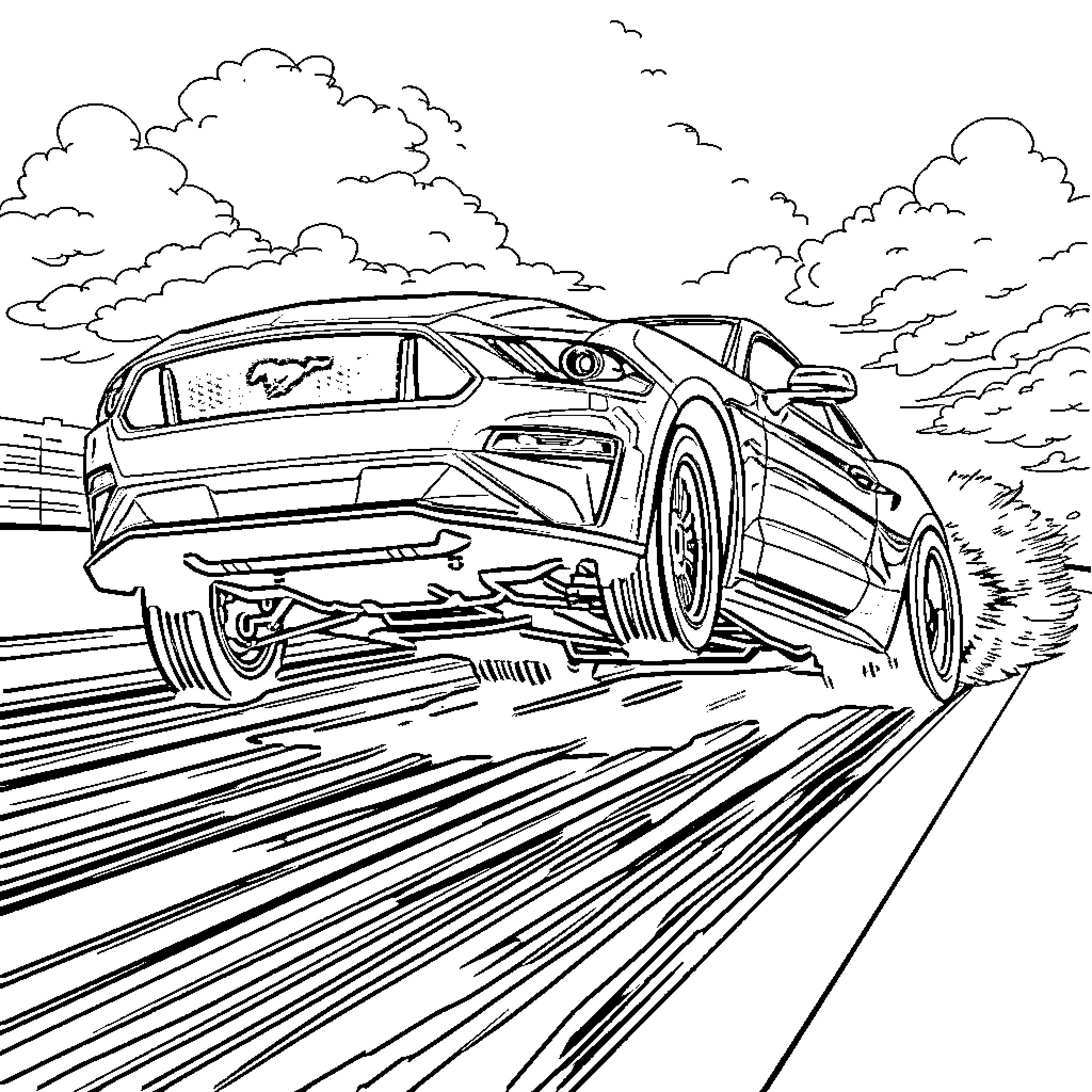 Mustang speeding down the open road Coloring Page (free black-and-white line drawing printable PDF for all, from beginners to advanced learners, including children, teens, adults, and seniors)