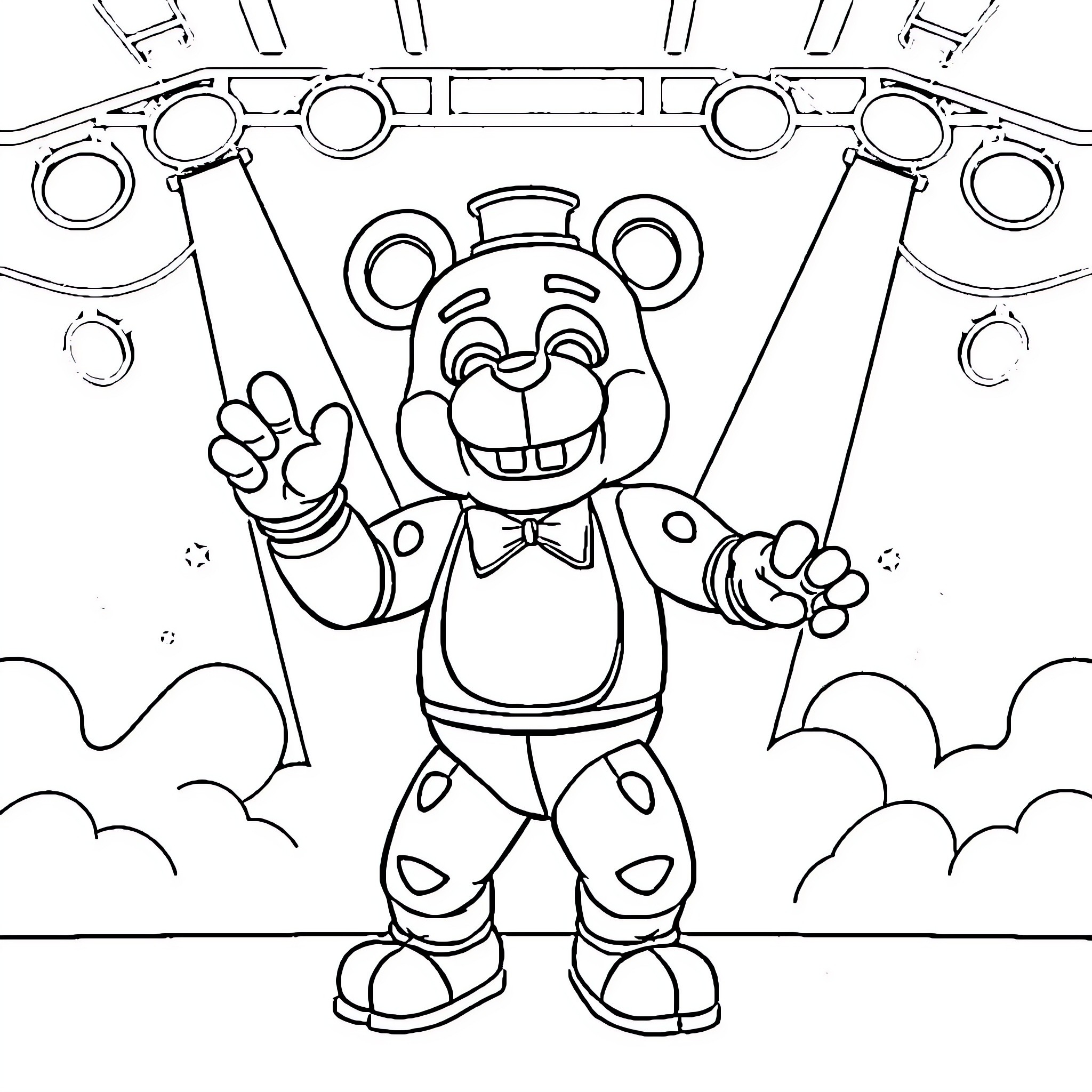 Freddy Fazbear's Joyful Performance on Stage Coloring Page (free black-and-white line drawing printable PDF for all, from beginners to advanced learners, including children, teens, adults, and seniors)