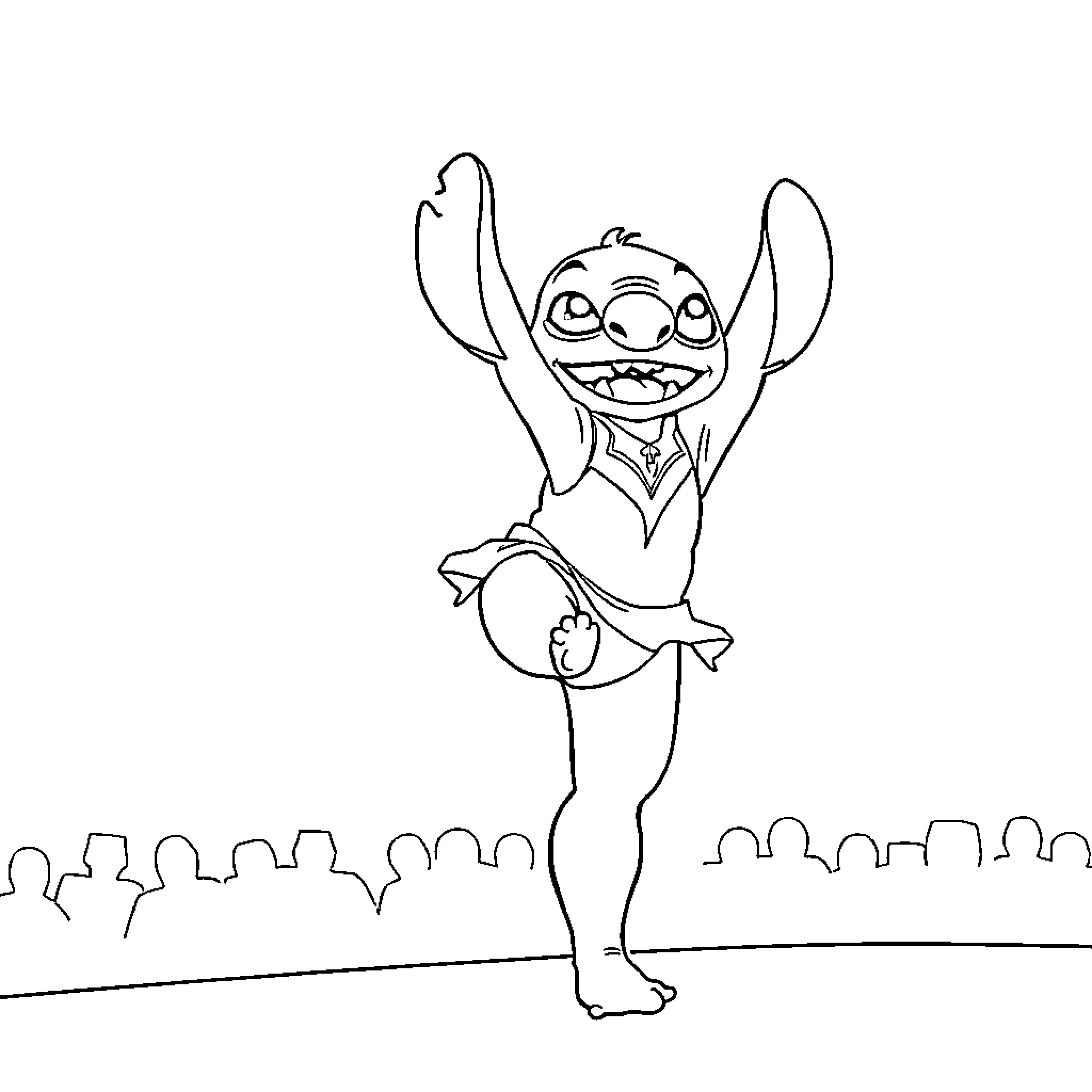 Stitch jumping joyfully on stage Coloring Page (free black-and-white line drawing printable PDF for all, from beginners to advanced learners, including children, teens, adults, and seniors)