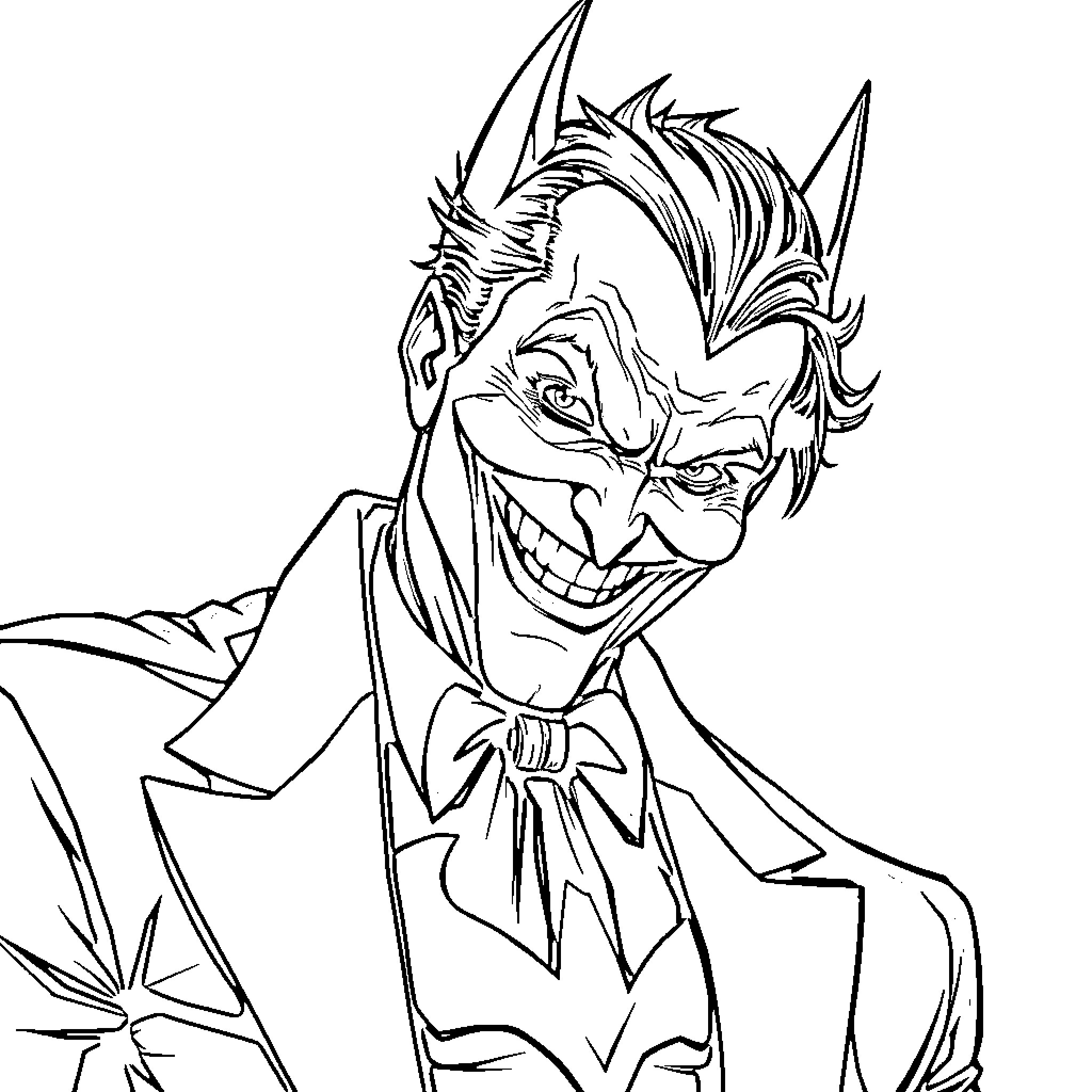 Joker's Mischievous Expression in Monochrome Coloring Page (free black-and-white line drawing printable PDF for all, from beginners to advanced learners, including children, teens, adults, and seniors)