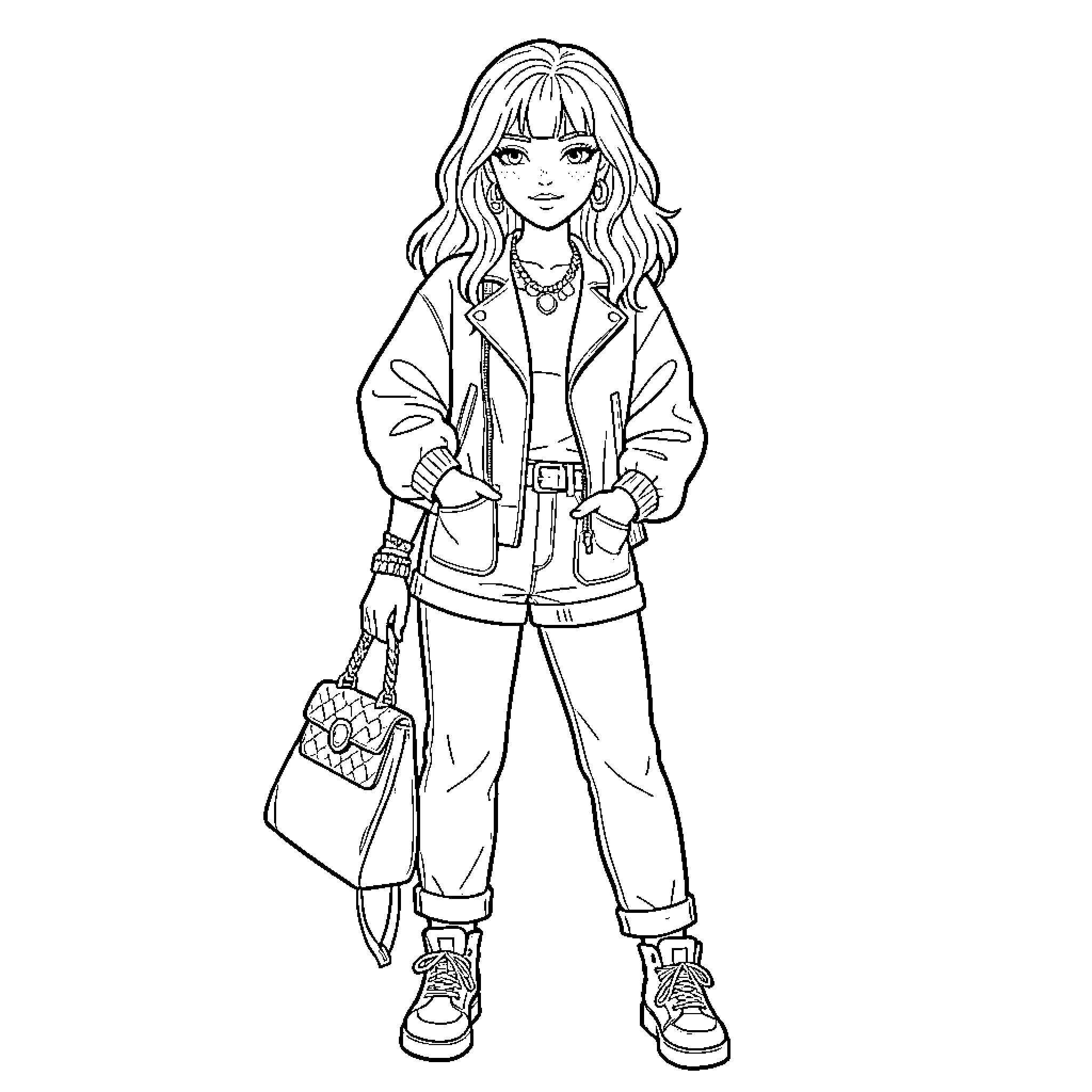 Girl in Casual Stylish Outfit Coloring Page (free black-and-white line drawing printable PDF for all, from beginners to advanced learners, including children, teens, adults, and seniors)