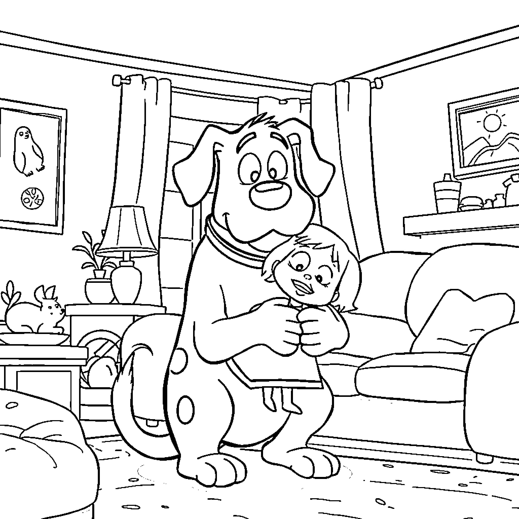 Courage of a Playful Canine Companion Coloring Page (free black-and-white line drawing printable PDF for all, from beginners to advanced learners, including children, teens, adults, and seniors)