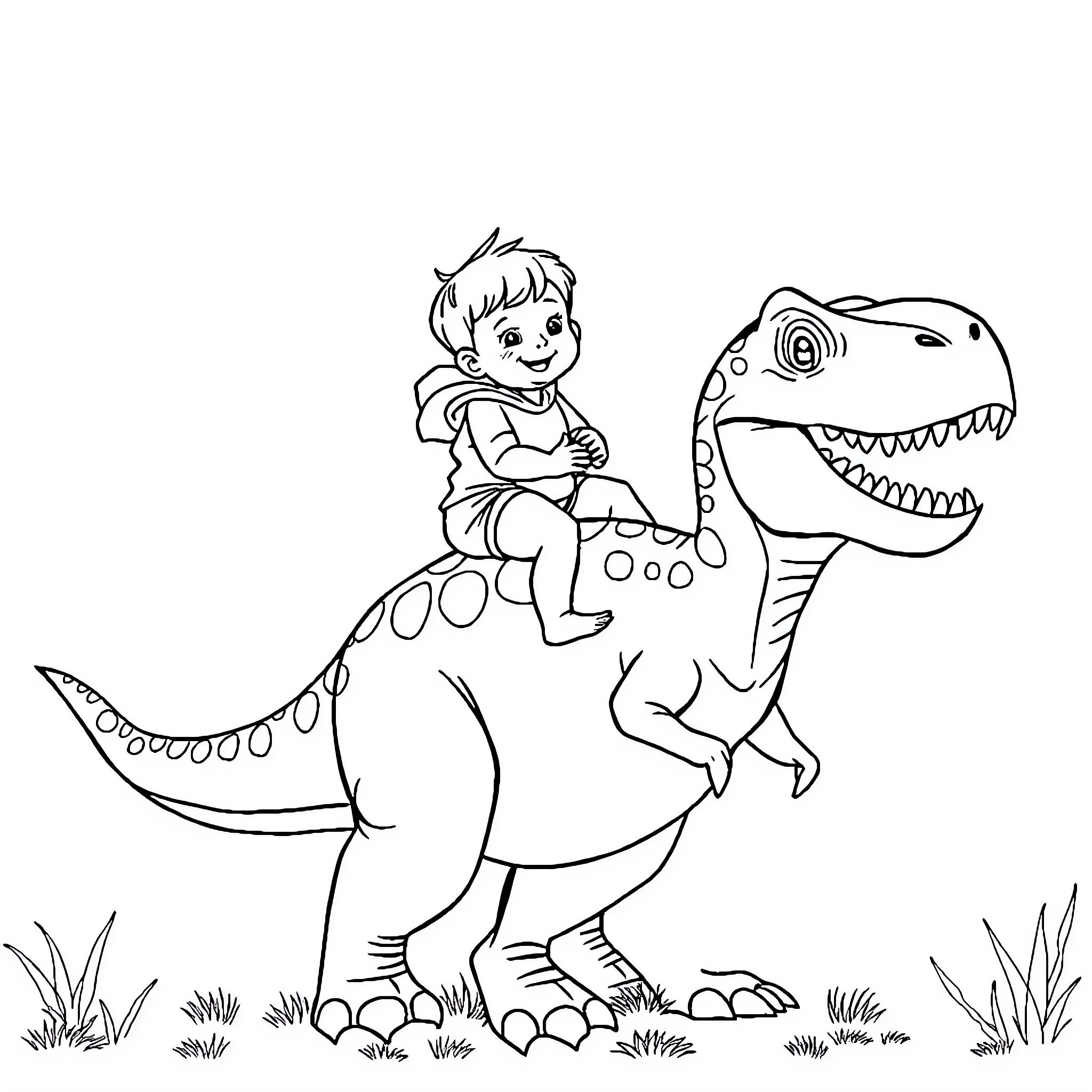 Toddler riding playfully on a dinosaur Coloring Page (free black-and-white line drawing printable PDF for all, from beginners to advanced learners, including children, teens, adults, and seniors)