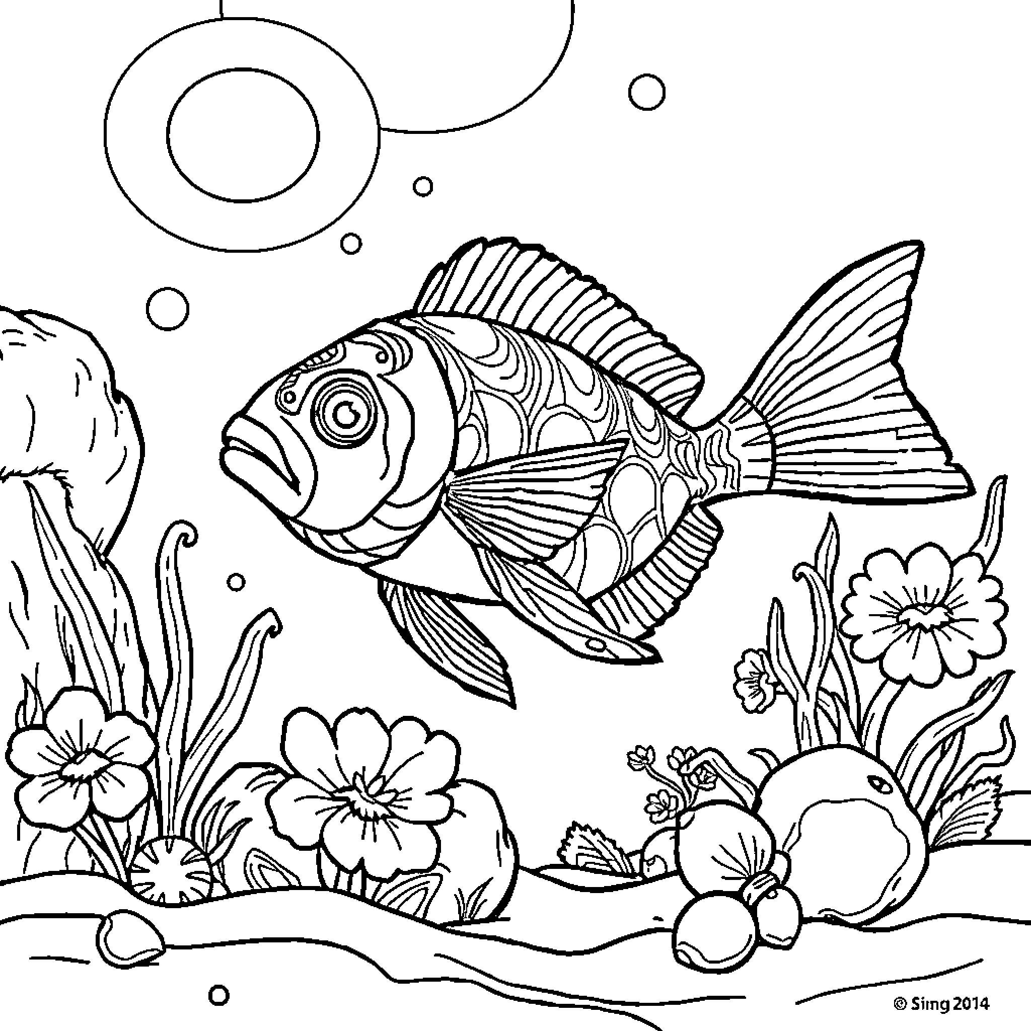 Футболист плывёт в подводном мире с рыбами и цветами Coloring Page (free black-and-white line drawing printable PDF for all, from beginners to advanced learners, including children, teens, adults, and seniors)