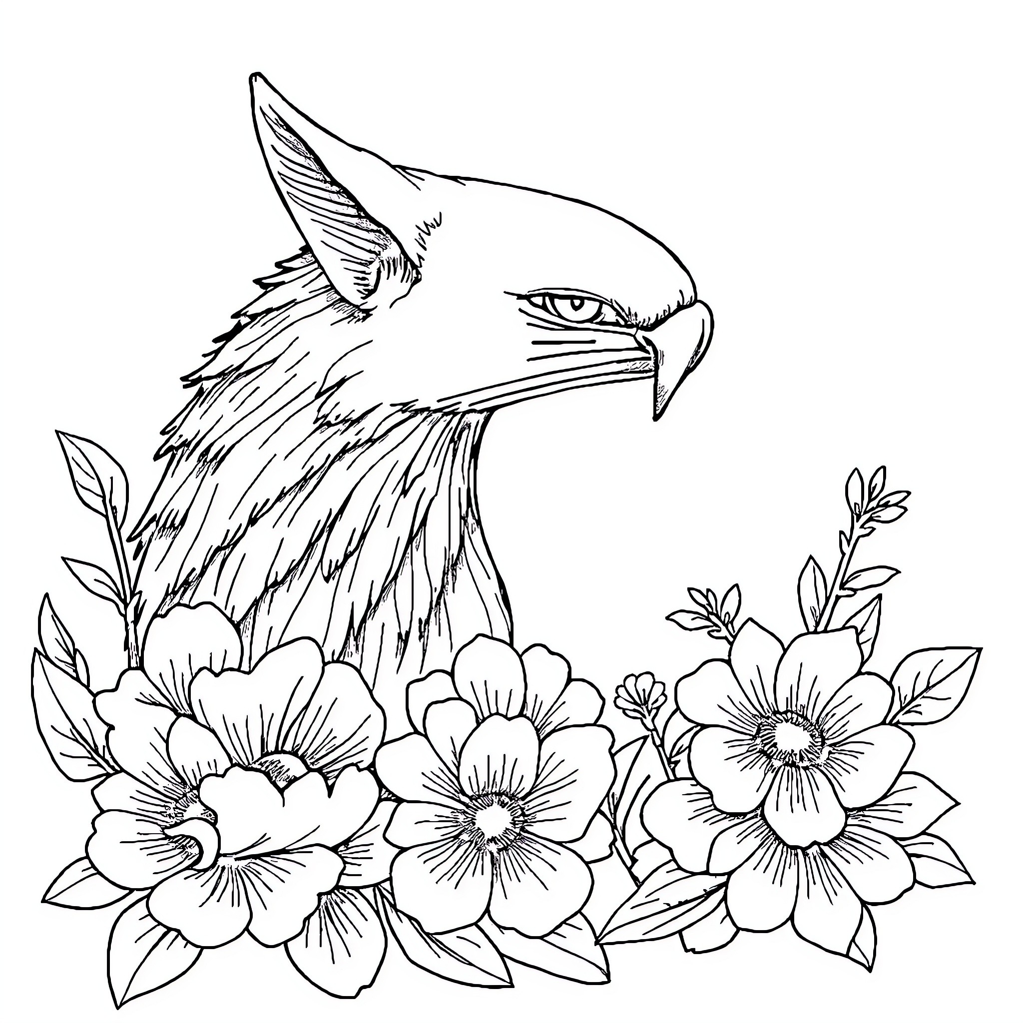 Tattoo of an eagle among flowers Coloring Page (free black-and-white line drawing printable PDF for all, from beginners to advanced learners, including children, teens, adults, and seniors)