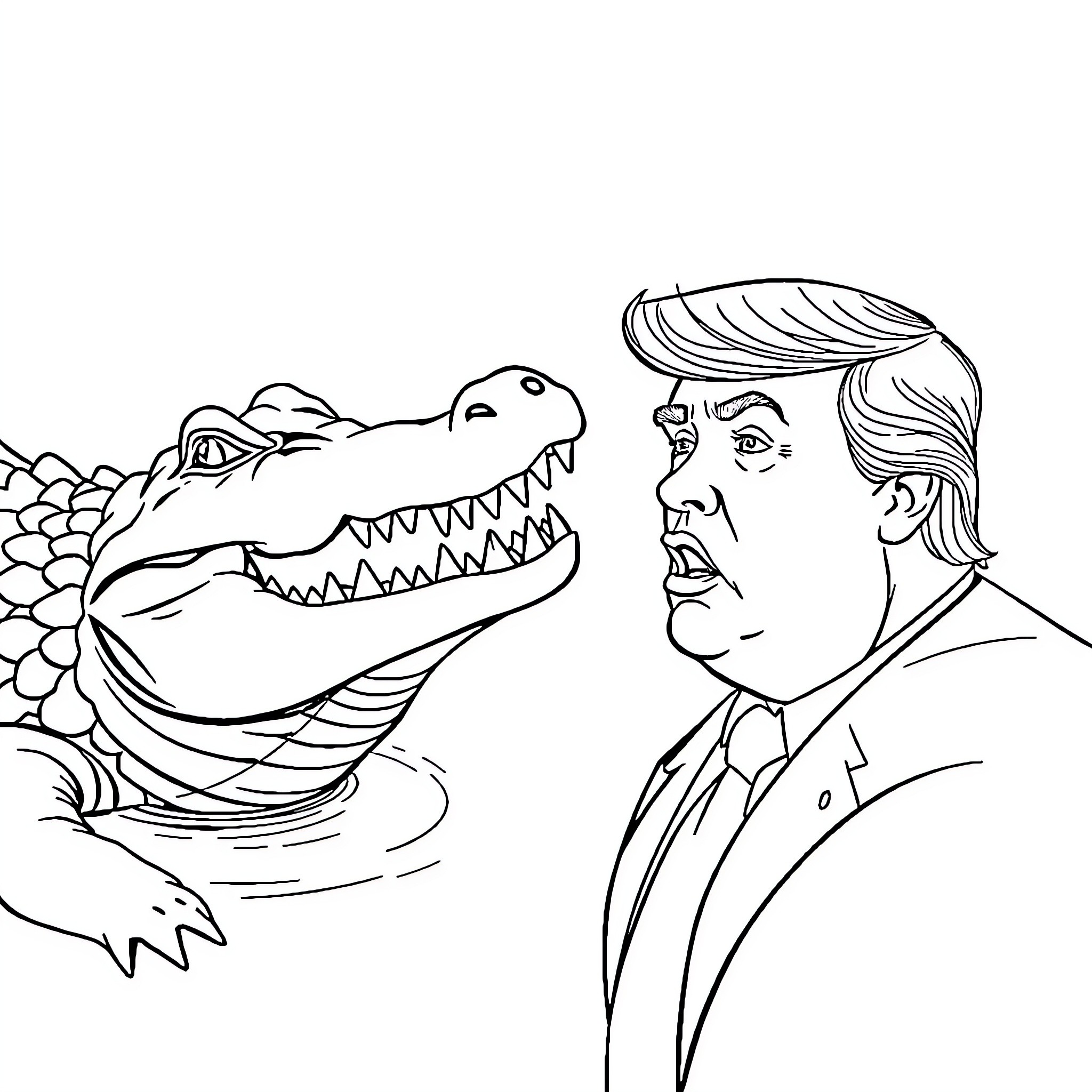Alligator confronting a man in a suit Coloring Page (free black-and-white line drawing printable PDF for all, from beginners to advanced learners, including children, teens, adults, and seniors)
