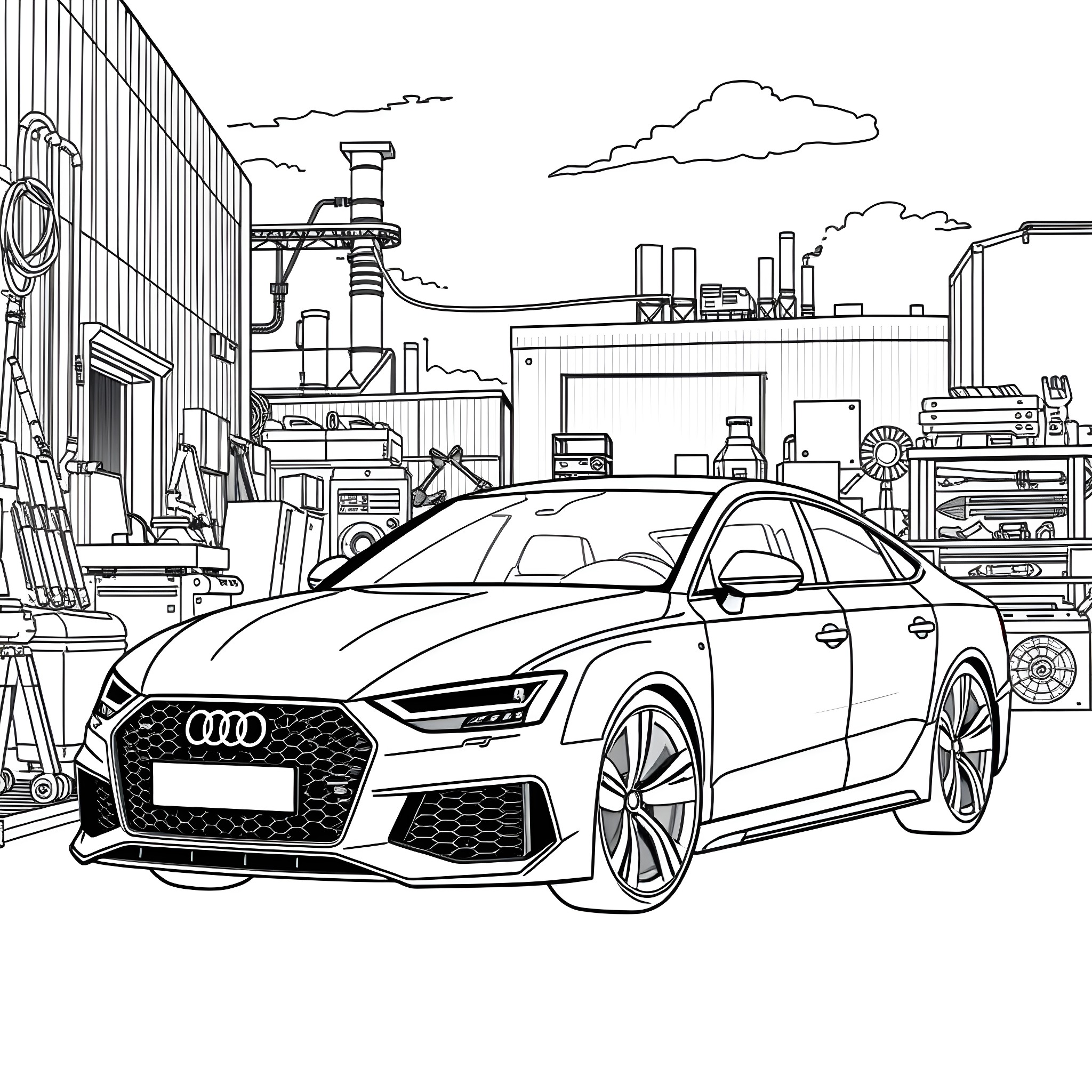 Audi RS6 in an industrial city landscape Coloring Page (free black-and-white line drawing printable PDF for all, from beginners to advanced learners, including children, teens, adults, and seniors)