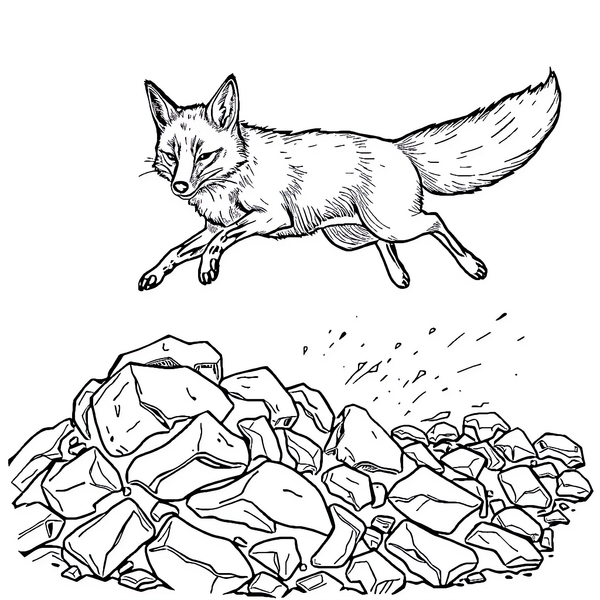 Fox leaping over rocky terrain Coloring Page (free black-and-white line drawing printable PDF for all, from beginners to advanced learners, including children, teens, adults, and seniors)