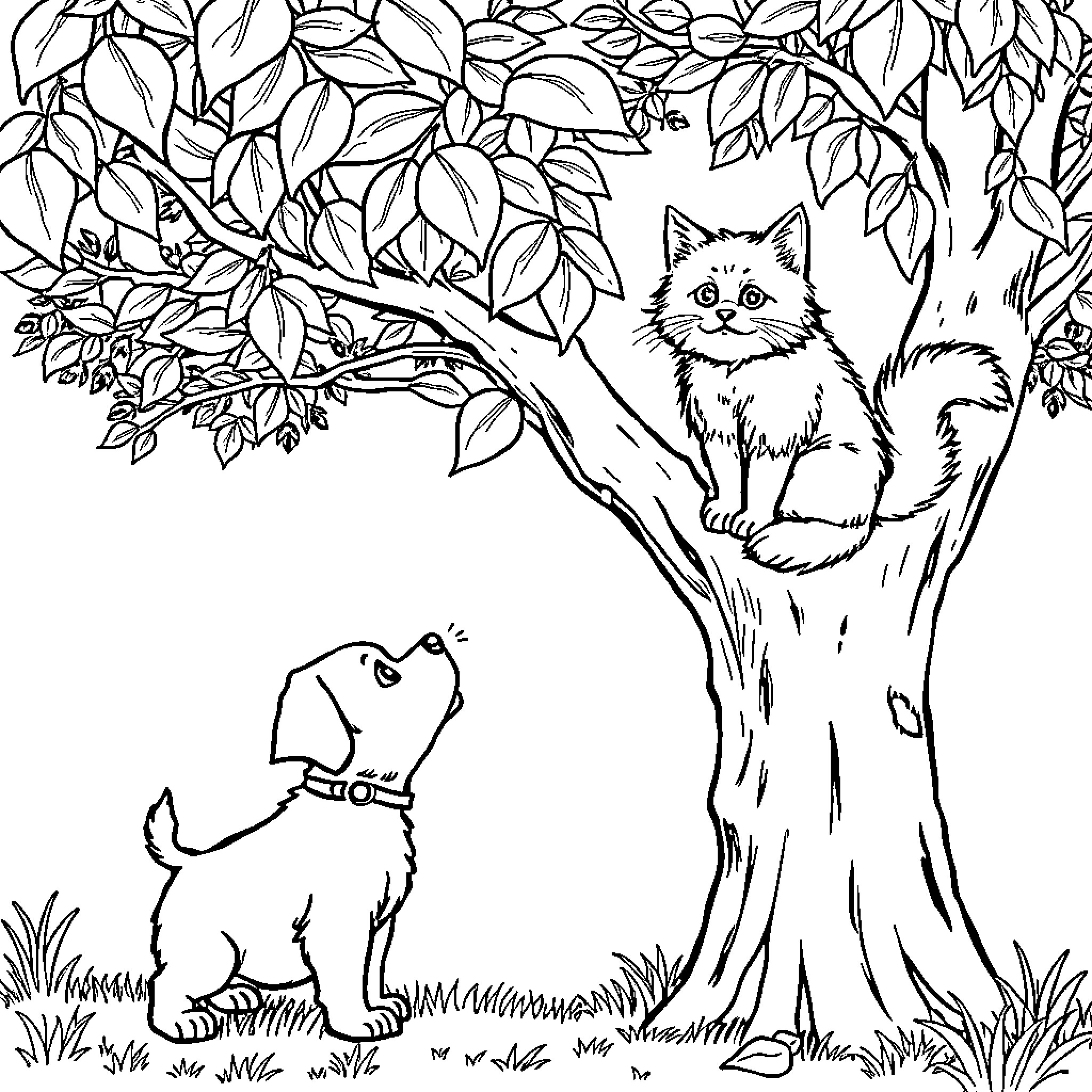 Dog and Curious Cat in Lush Forest Coloring Page (free black-and-white line drawing printable PDF for all, from beginners to advanced learners, including children, teens, adults, and seniors)