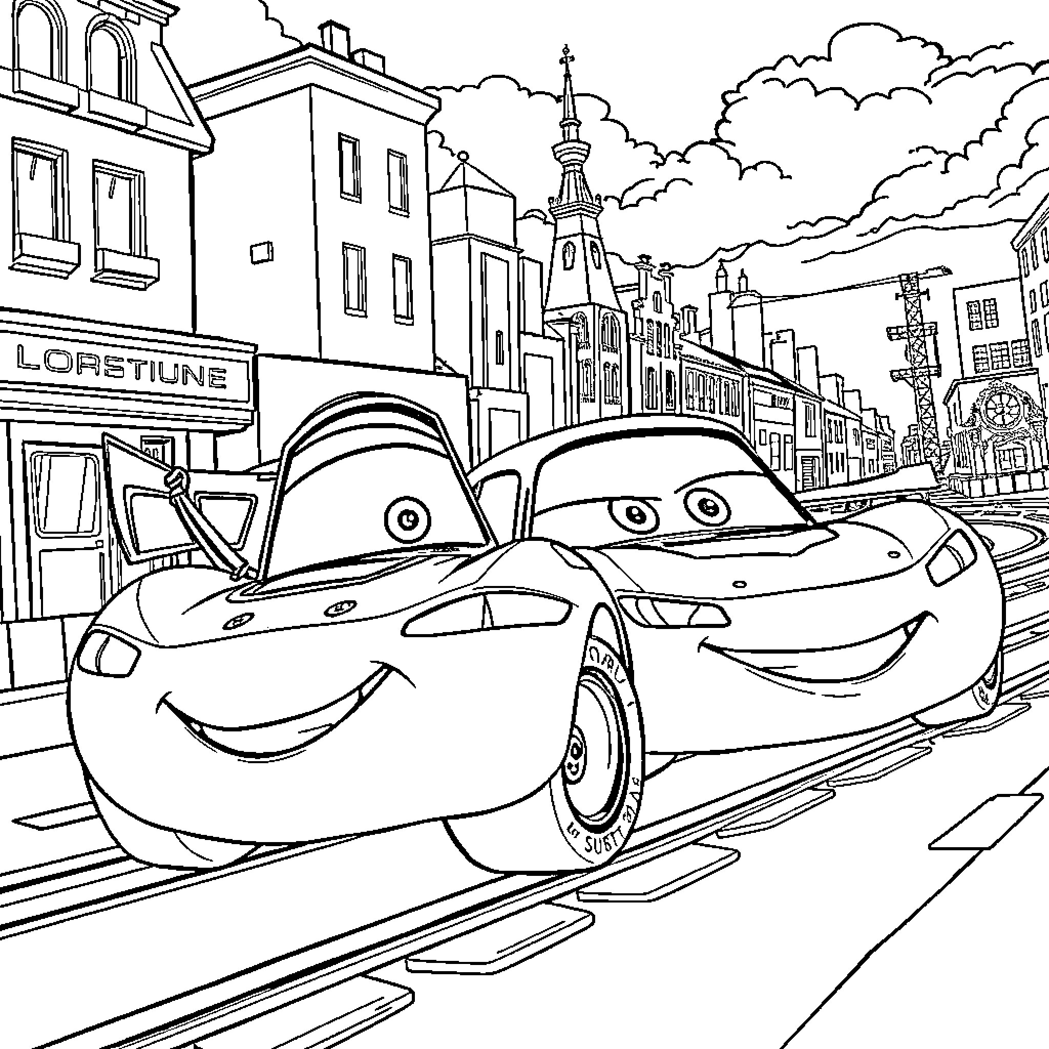 Patrol of Smiling Cartoon Cars in Cityscape Coloring Page (free black-and-white line drawing printable PDF for all, from beginners to advanced learners, including children, teens, adults, and seniors)