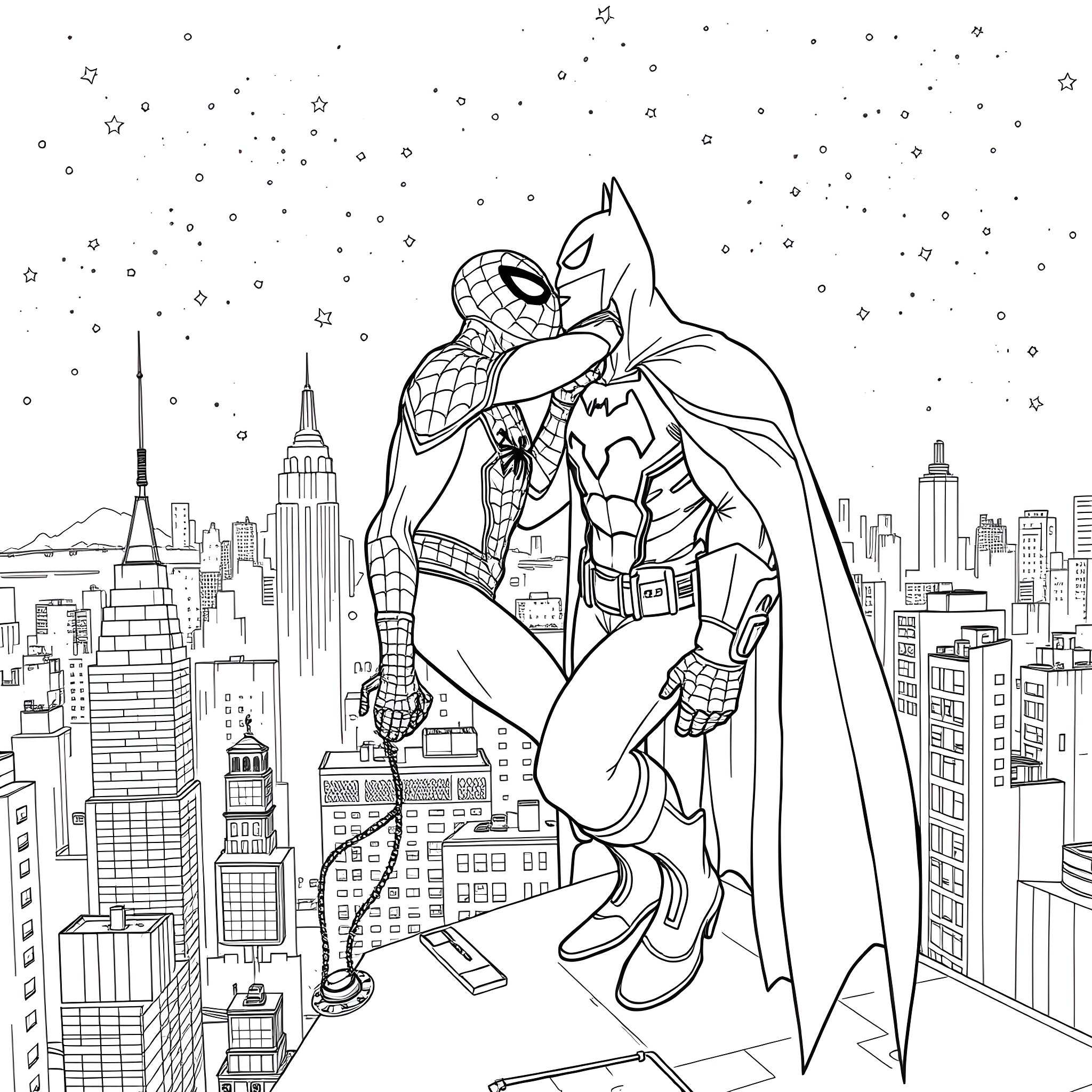 Spiderman and Batman team up in the city Coloring Page (free black-and-white line drawing printable PDF for all, from beginners to advanced learners, including children, teens, adults, and seniors)