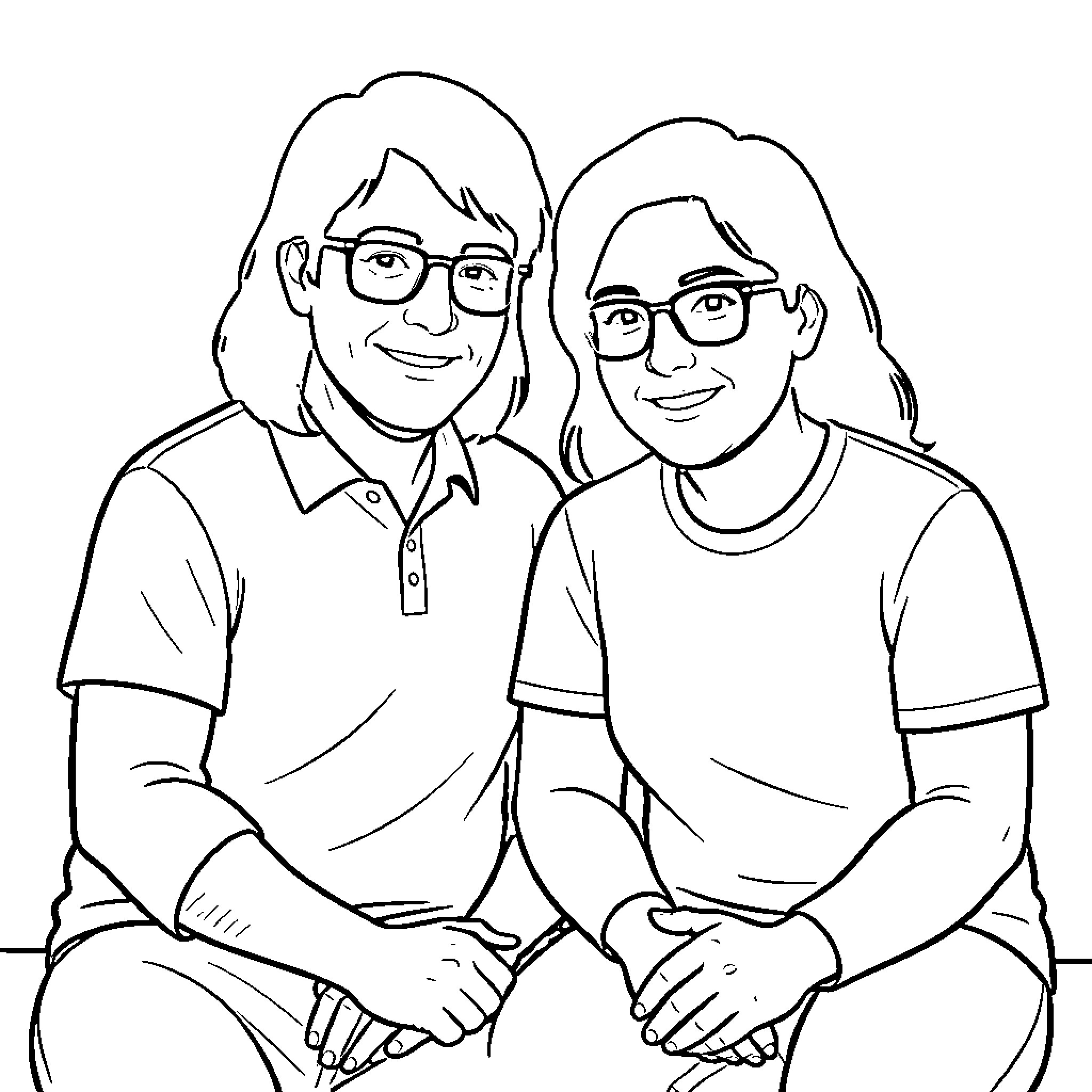 Couple wearing glasses smiling warmly together Coloring Page (free black-and-white line drawing printable PDF for all, from beginners to advanced learners, including children, teens, adults, and seniors)