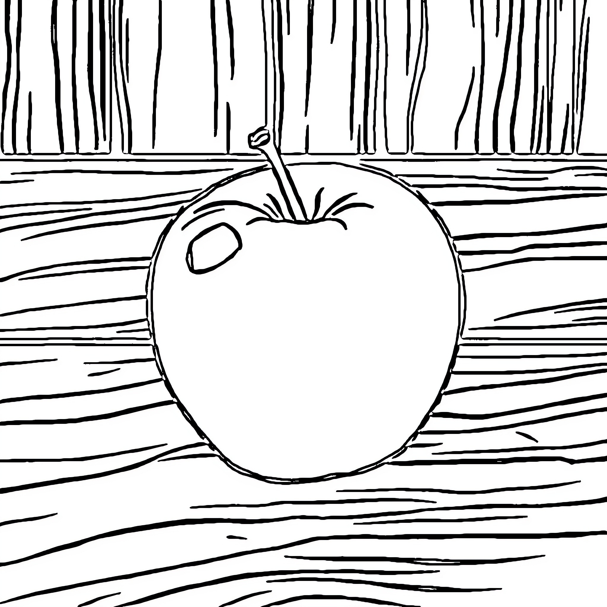 Apple on a wooden surface Coloring Page (free black-and-white line drawing printable PDF for all, from beginners to advanced learners, including children, teens, adults, and seniors)