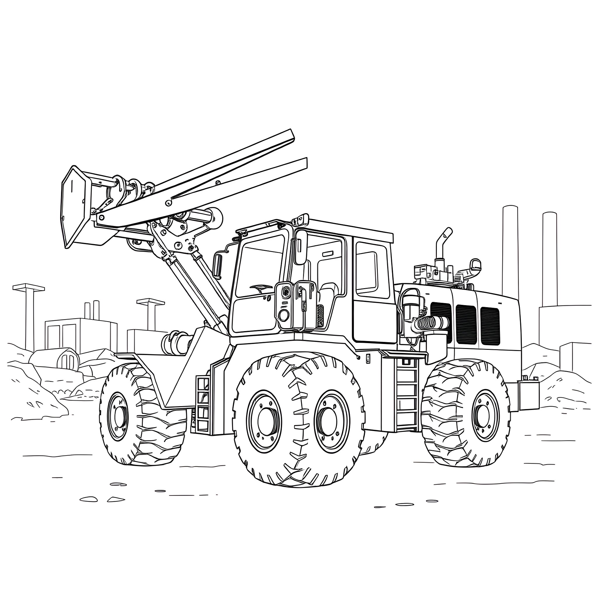 Knuckleboom Loader operating on construction site Coloring Page (free black-and-white line drawing printable PDF for all, from beginners to advanced learners, including children, teens, adults, and seniors)