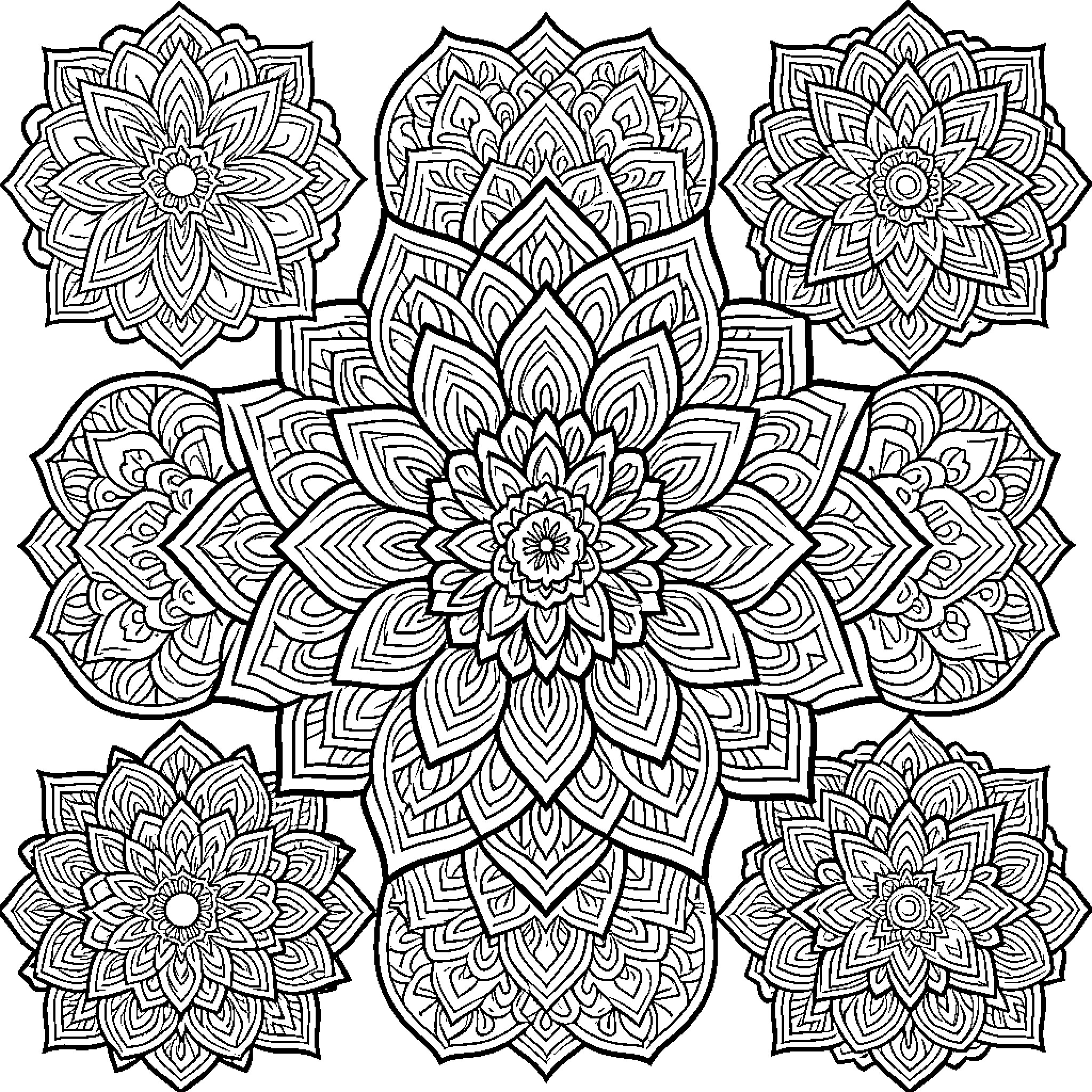 Mandalas of intricate floral patterns Coloring Page (free black-and-white line drawing printable PDF for all, from beginners to advanced learners, including children, teens, adults, and seniors)