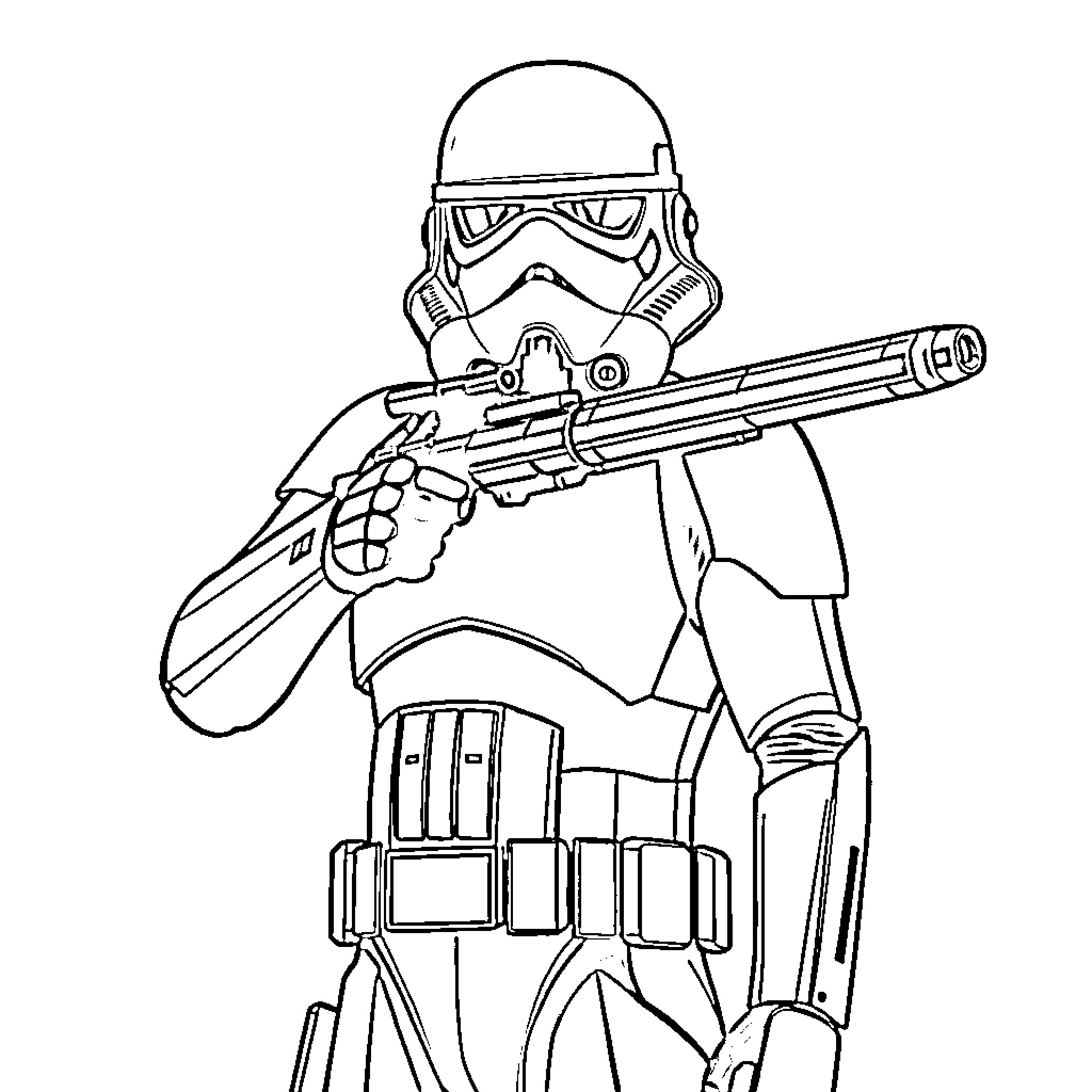 Stormtrooper in combat pose with blaster rifle Coloring Page (free black-and-white line drawing printable PDF for all, from beginners to advanced learners, including children, teens, adults, and seniors)