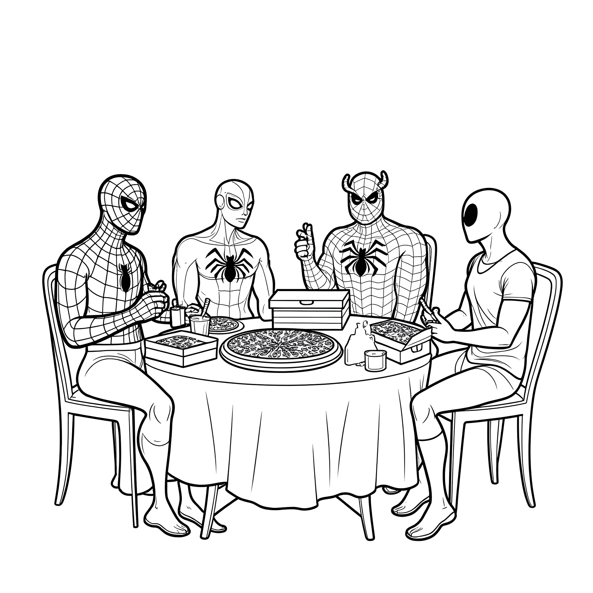 Spiderman characters enjoying pizza together Coloring Page (free black-and-white line drawing printable PDF for all, from beginners to advanced learners, including children, teens, adults, and seniors)