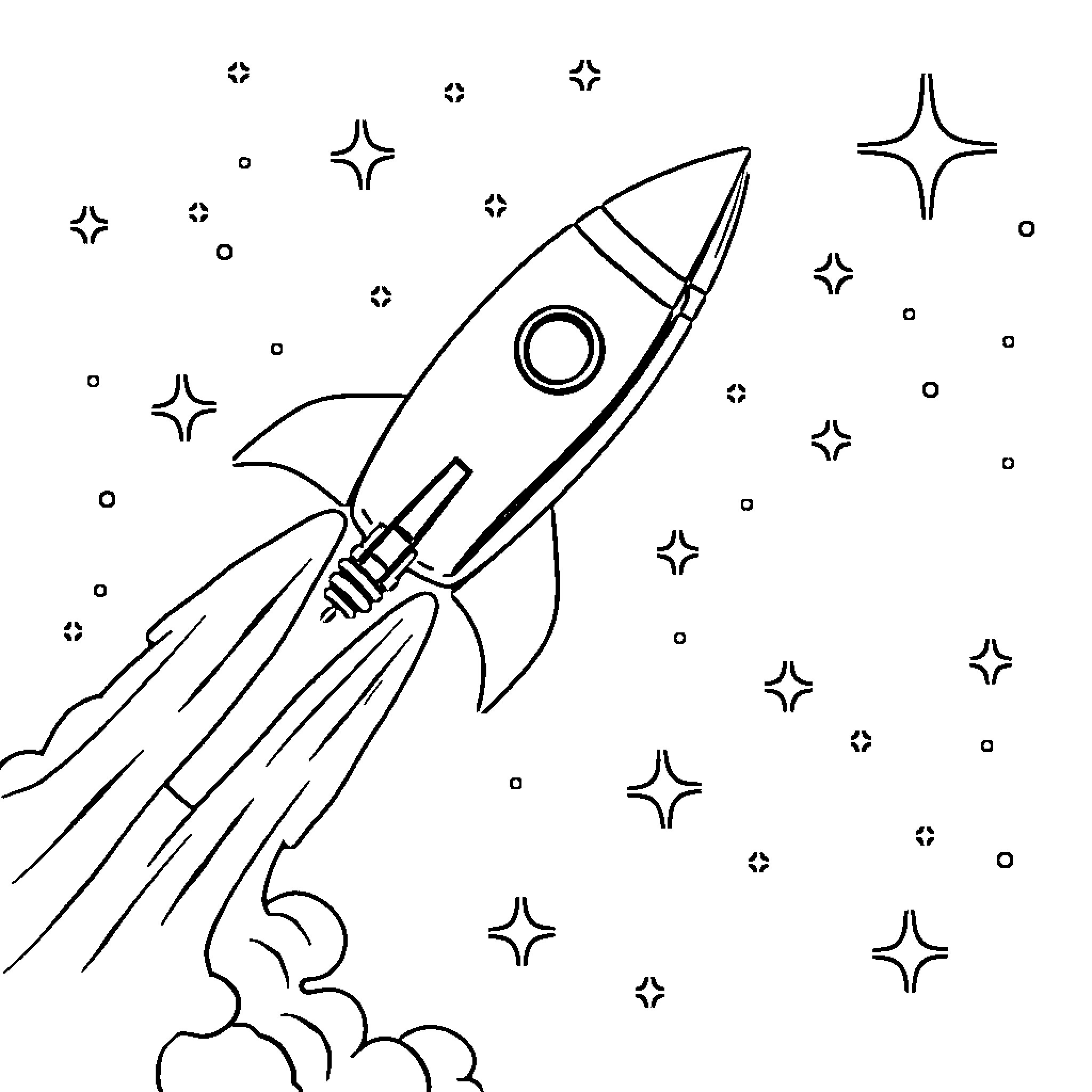 Rocket blasting off into starry space Coloring Page (free black-and-white line drawing printable PDF for all, from beginners to advanced learners, including children, teens, adults, and seniors)