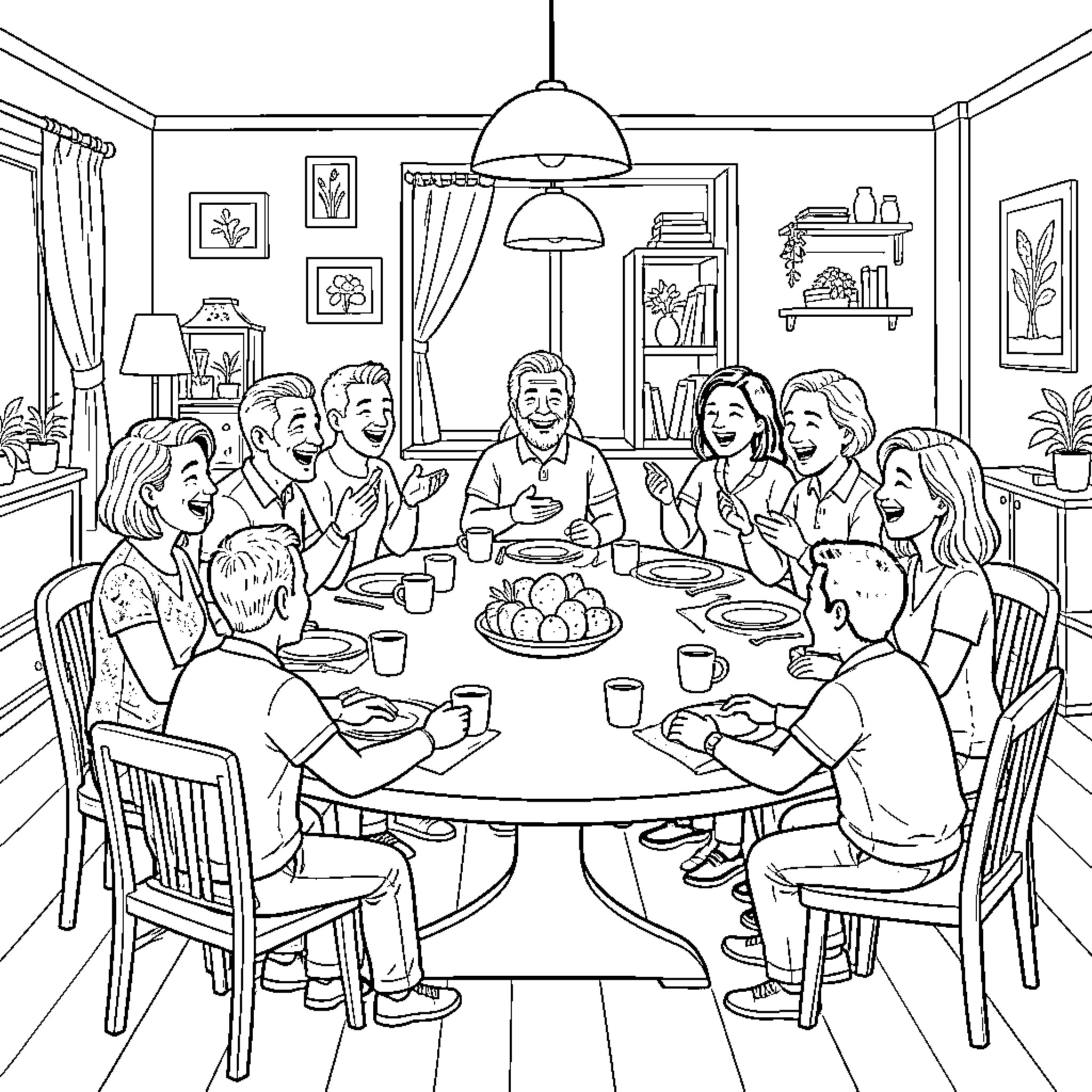 Parent and family members laughing during a meal Coloring Page (free black-and-white line drawing printable PDF for all, from beginners to advanced learners, including children, teens, adults, and seniors)