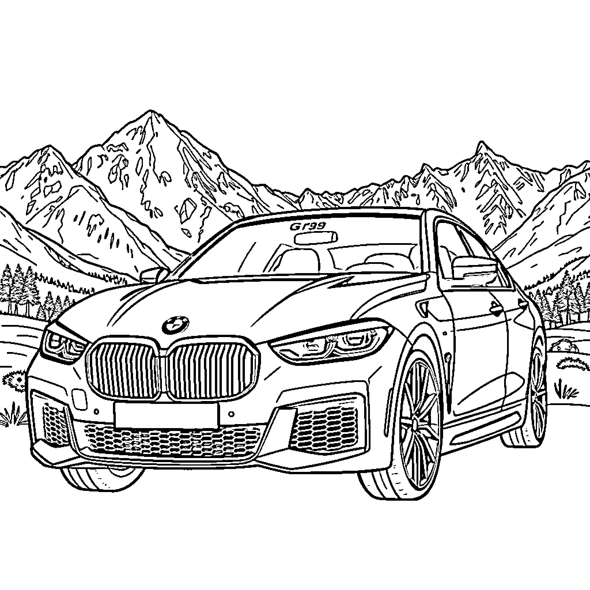 BMW Luxury Sedan in the Snowy Mountains Coloring Page (free black-and-white line drawing printable PDF for all, from beginners to advanced learners, including children, teens, adults, and seniors)