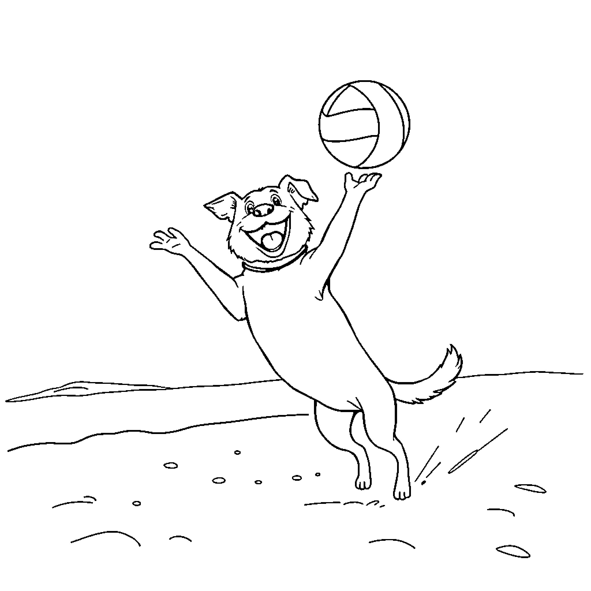 Dog playing with volleyball on the beach Coloring Page (free black-and-white line drawing printable PDF for all, from beginners to advanced learners, including children, teens, adults, and seniors)