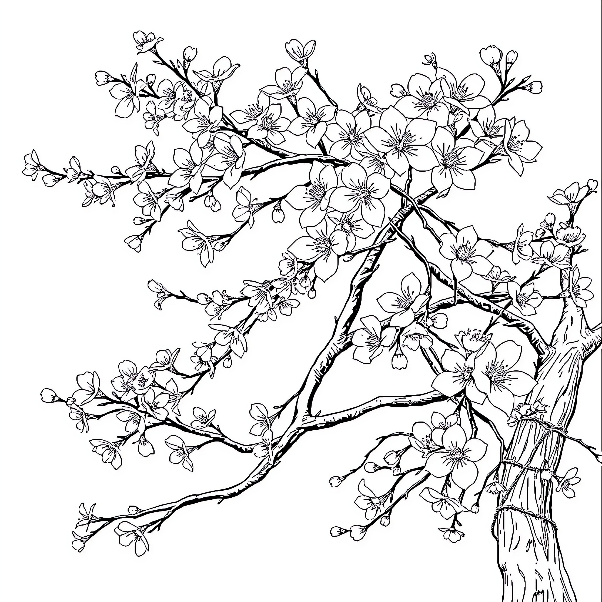 Cherry Blossom Tree in Full Bloom Coloring Page (free black-and-white line drawing printable PDF for all, from beginners to advanced learners, including children, teens, adults, and seniors)
