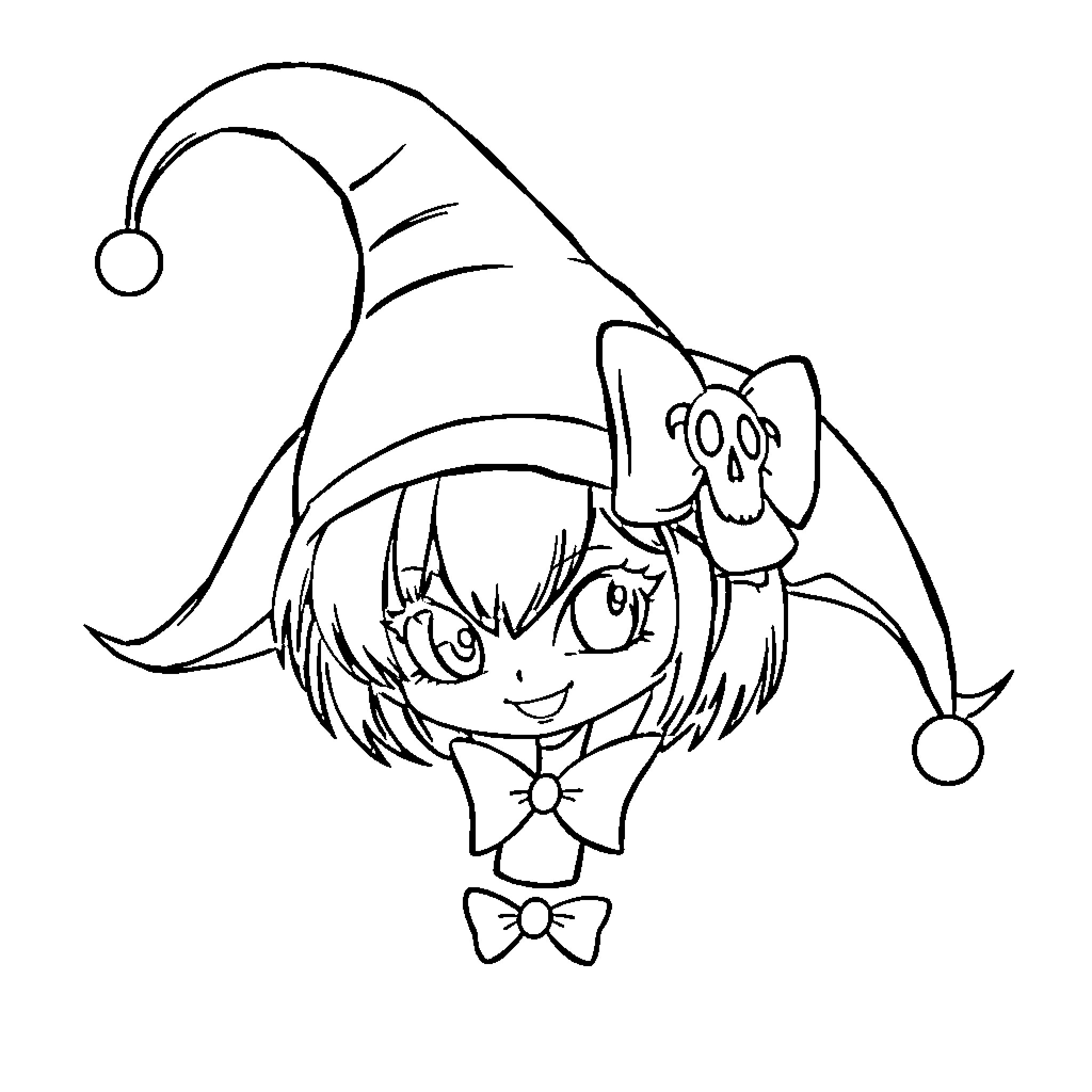 Kuromi wearing a whimsical hat and bowtie Coloring Page (free black-and-white line drawing printable PDF for all, from beginners to advanced learners, including children, teens, adults, and seniors)
