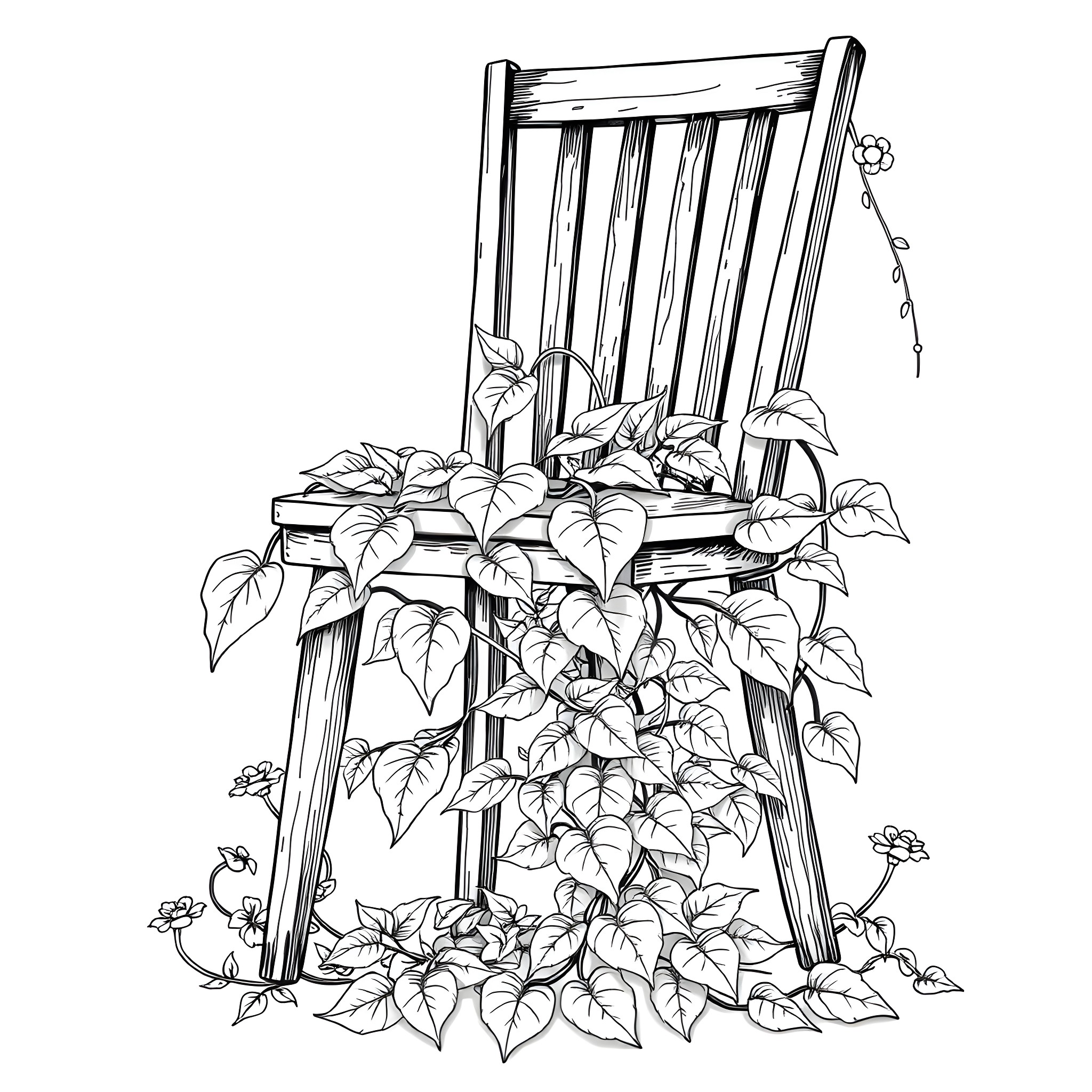Plant-covered antique chair in the garden Coloring Page (free black-and-white line drawing printable PDF for all, from beginners to advanced learners, including children, teens, adults, and seniors)