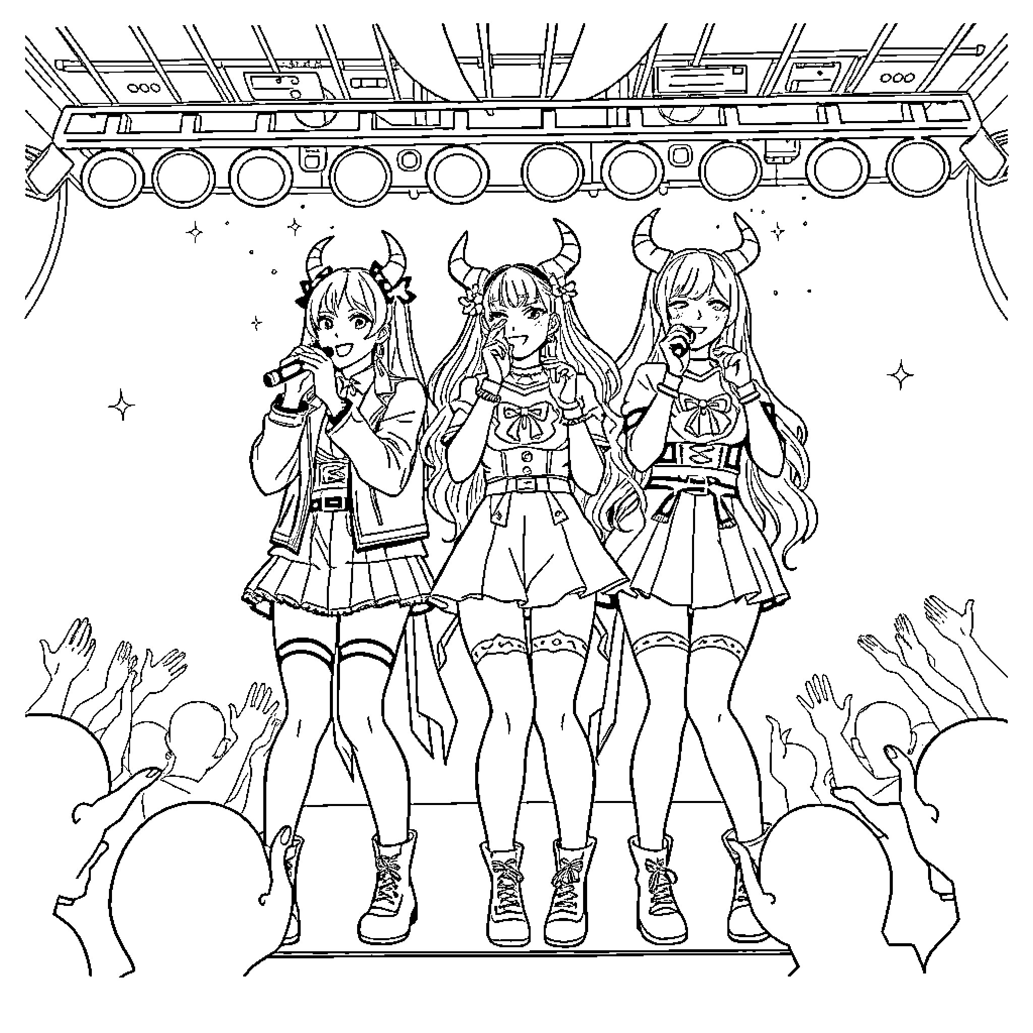 Rumi Mira Zoey's Animated Adventure Coloring Page (free black-and-white line drawing printable PDF for all, from beginners to advanced learners, including children, teens, adults, and seniors)