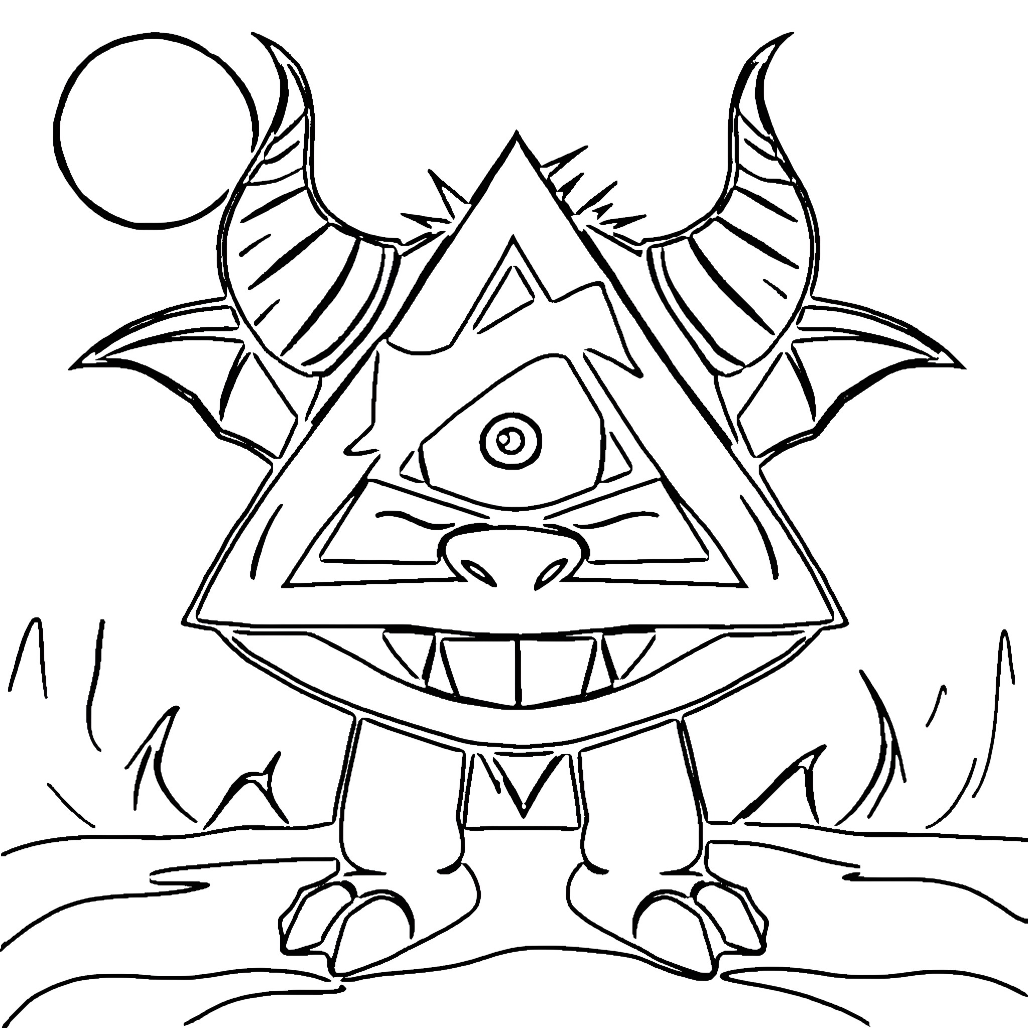 Bill Cipher's Sinister Grin and Mystical Symbols Coloring Page (free black-and-white line drawing printable PDF for all, from beginners to advanced learners, including children, teens, adults, and seniors)
