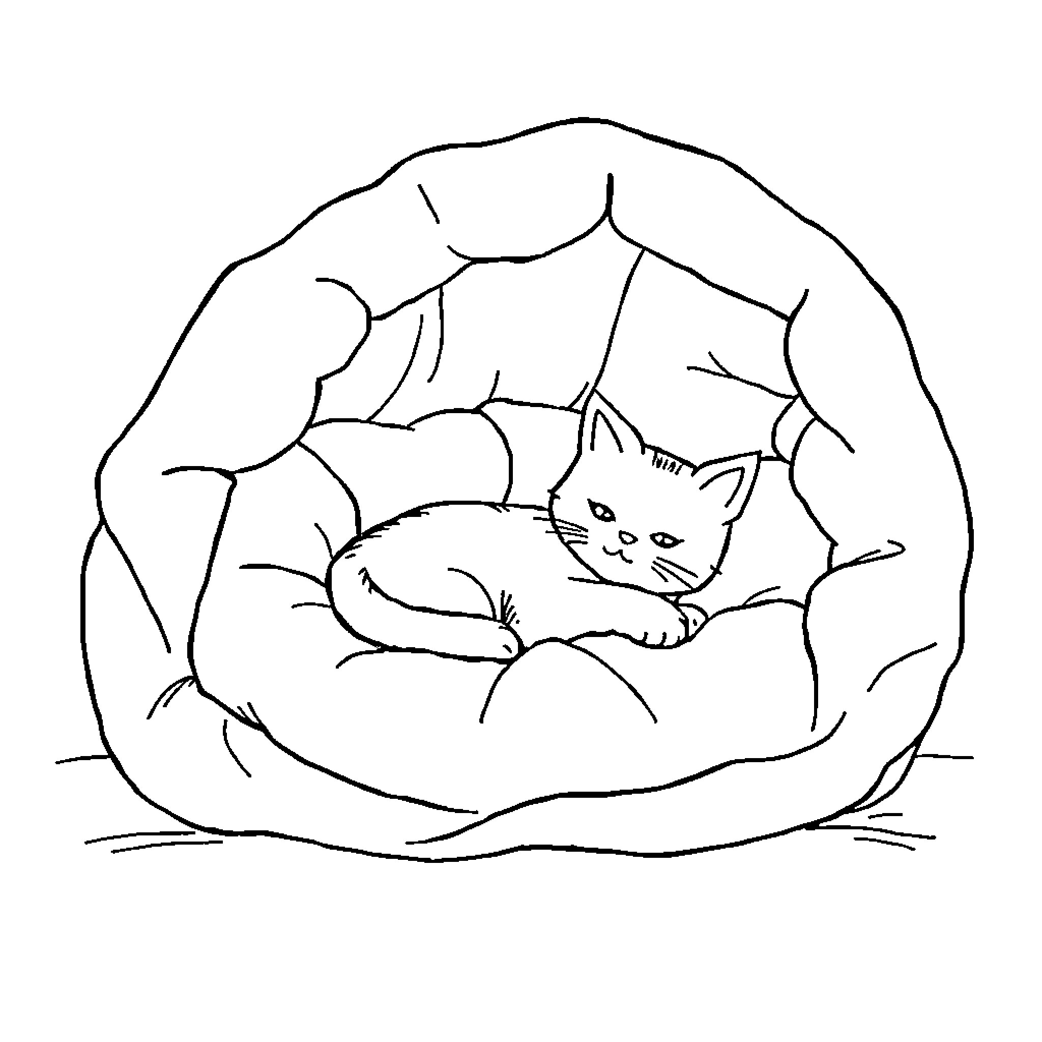 Cat curled up in cozy nest Coloring Page (free black-and-white line drawing printable PDF for all, from beginners to advanced learners, including children, teens, adults, and seniors)