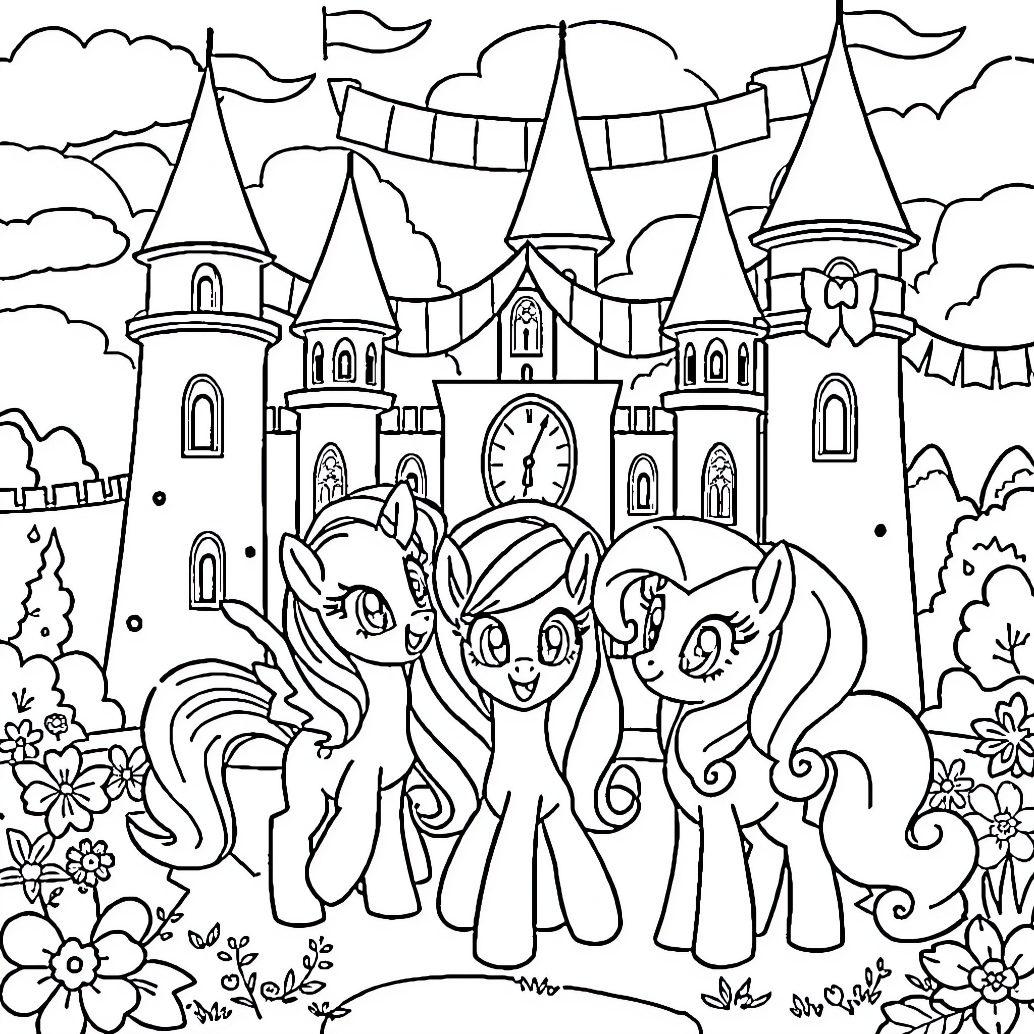 Pony friends explore a magical castle Coloring Page (free black-and-white line drawing printable PDF for all, from beginners to advanced learners, including children, teens, adults, and seniors)