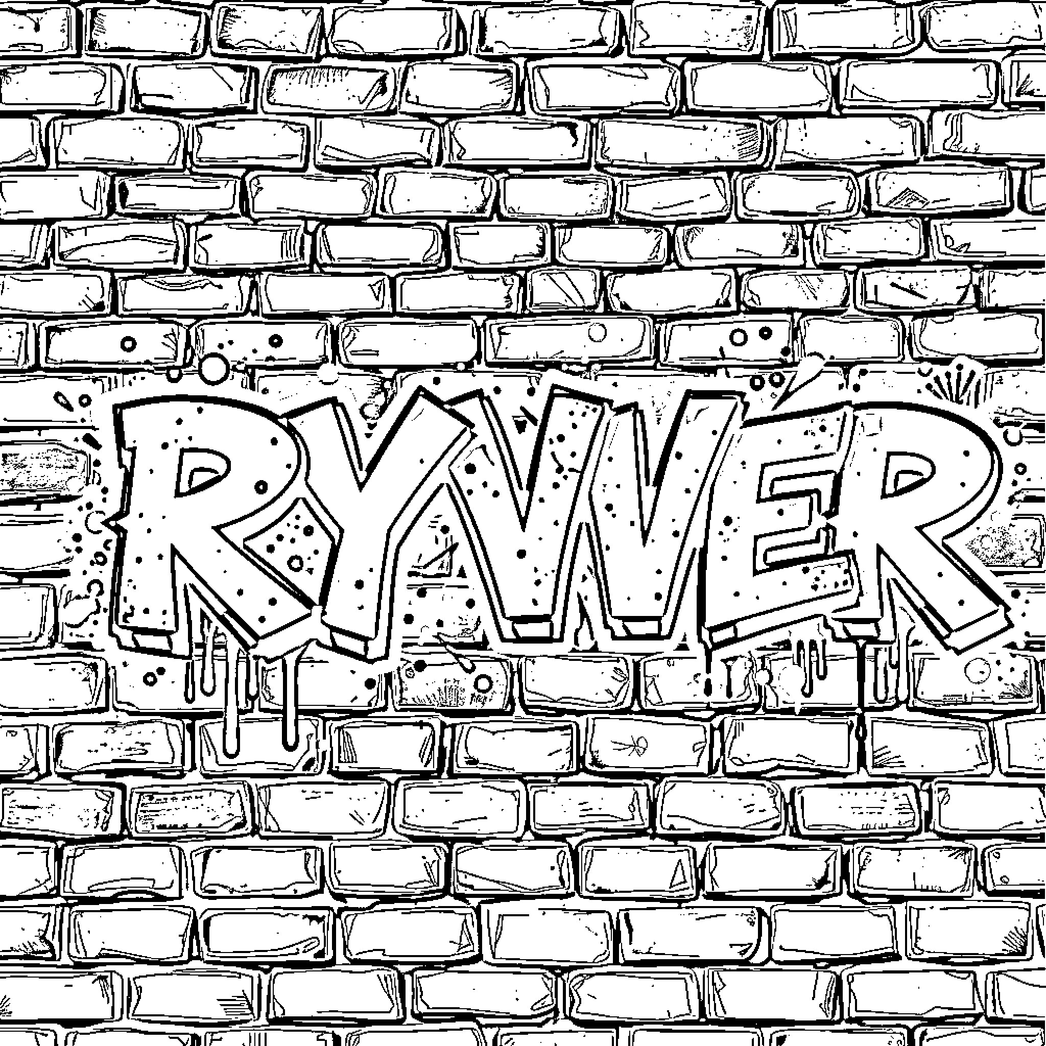 Graffiti art with the word 'RYWER' on a brick wall Coloring Page (free black-and-white line drawing printable PDF for all, from beginners to advanced learners, including children, teens, adults, and seniors)