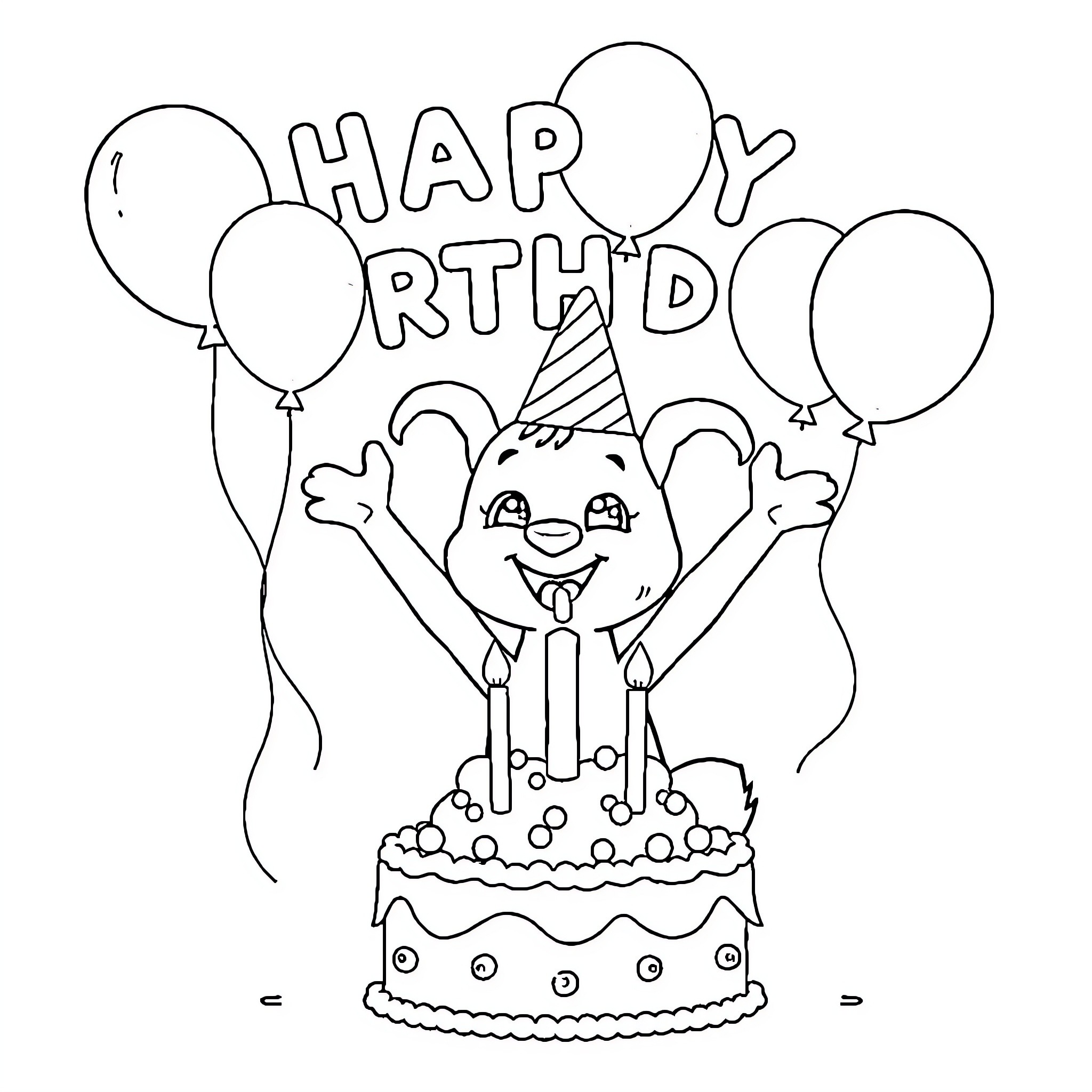 Bluey celebrates a happy birthday with balloons and cake Coloring Page (free black-and-white line drawing printable PDF for all, from beginners to advanced learners, including children, teens, adults, and seniors)