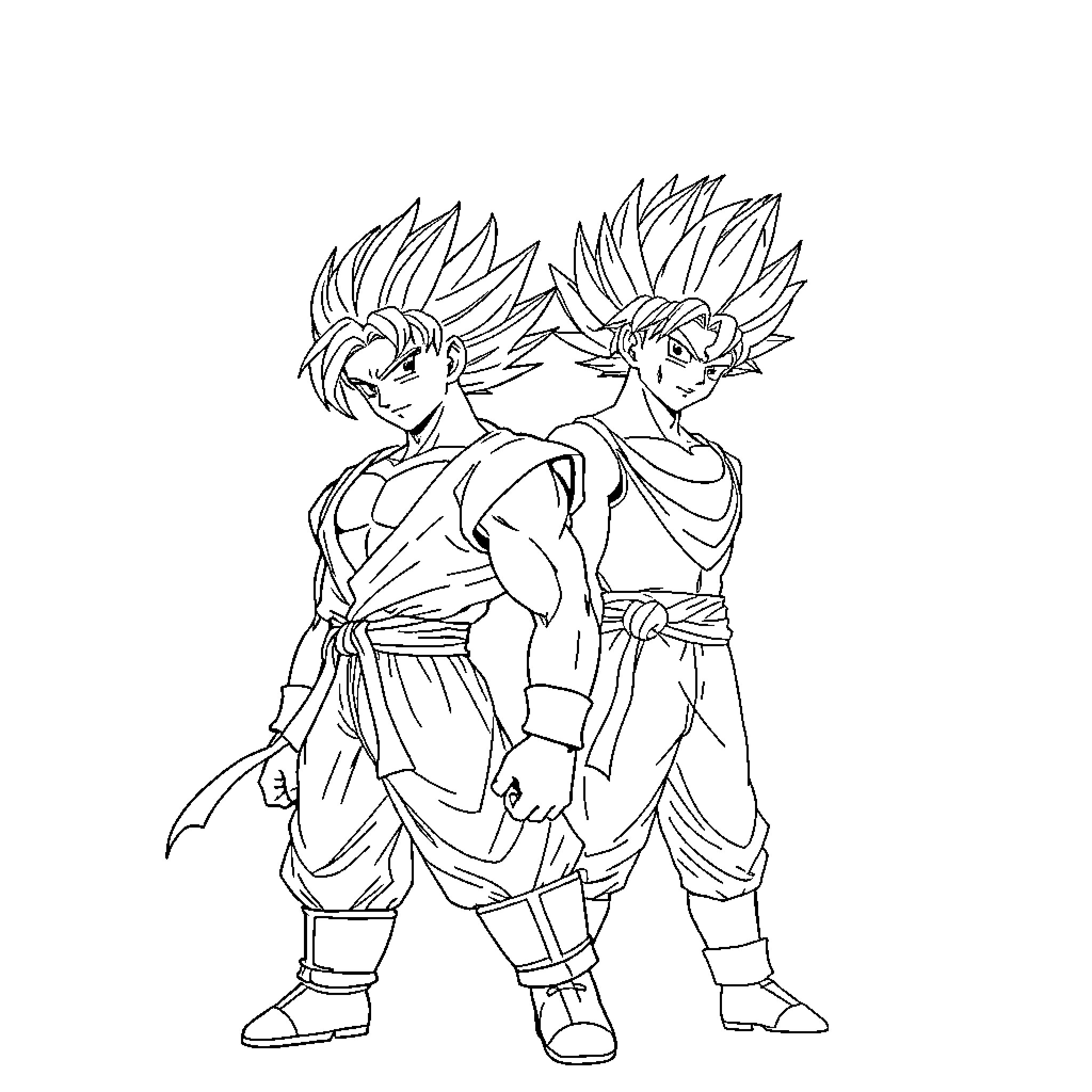 Trunks and Goku pose in combat stances Coloring Page (free black-and-white line drawing printable PDF for all, from beginners to advanced learners, including children, teens, adults, and seniors)