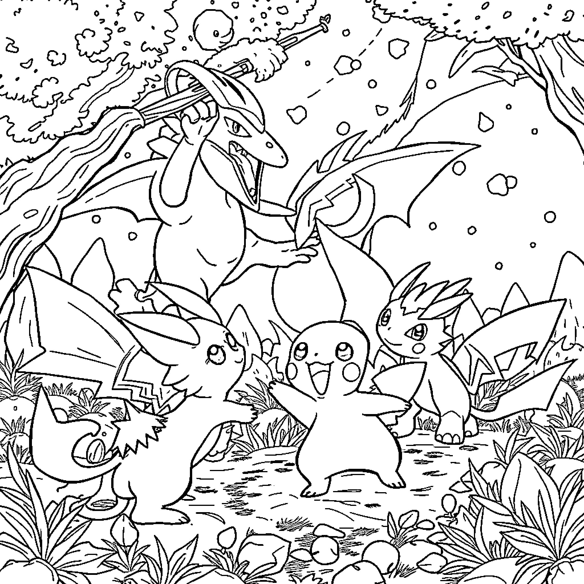 Pokémon playing and exploring in a snowy forest scene Coloring Page (free black-and-white line drawing printable PDF for all, from beginners to advanced learners, including children, teens, adults, and seniors)