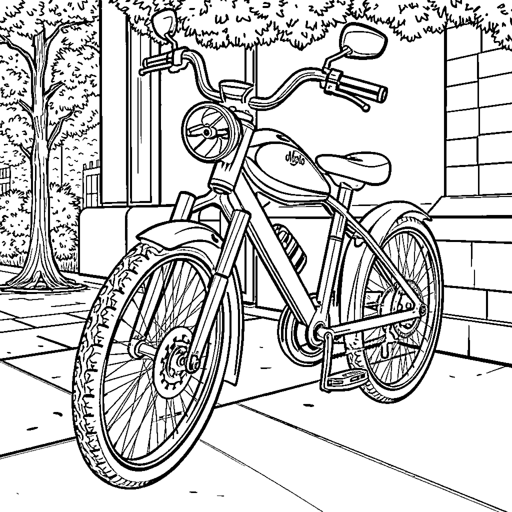 Bike parked outside a building Coloring Page (free black-and-white line drawing printable PDF for all, from beginners to advanced learners, including children, teens, adults, and seniors)