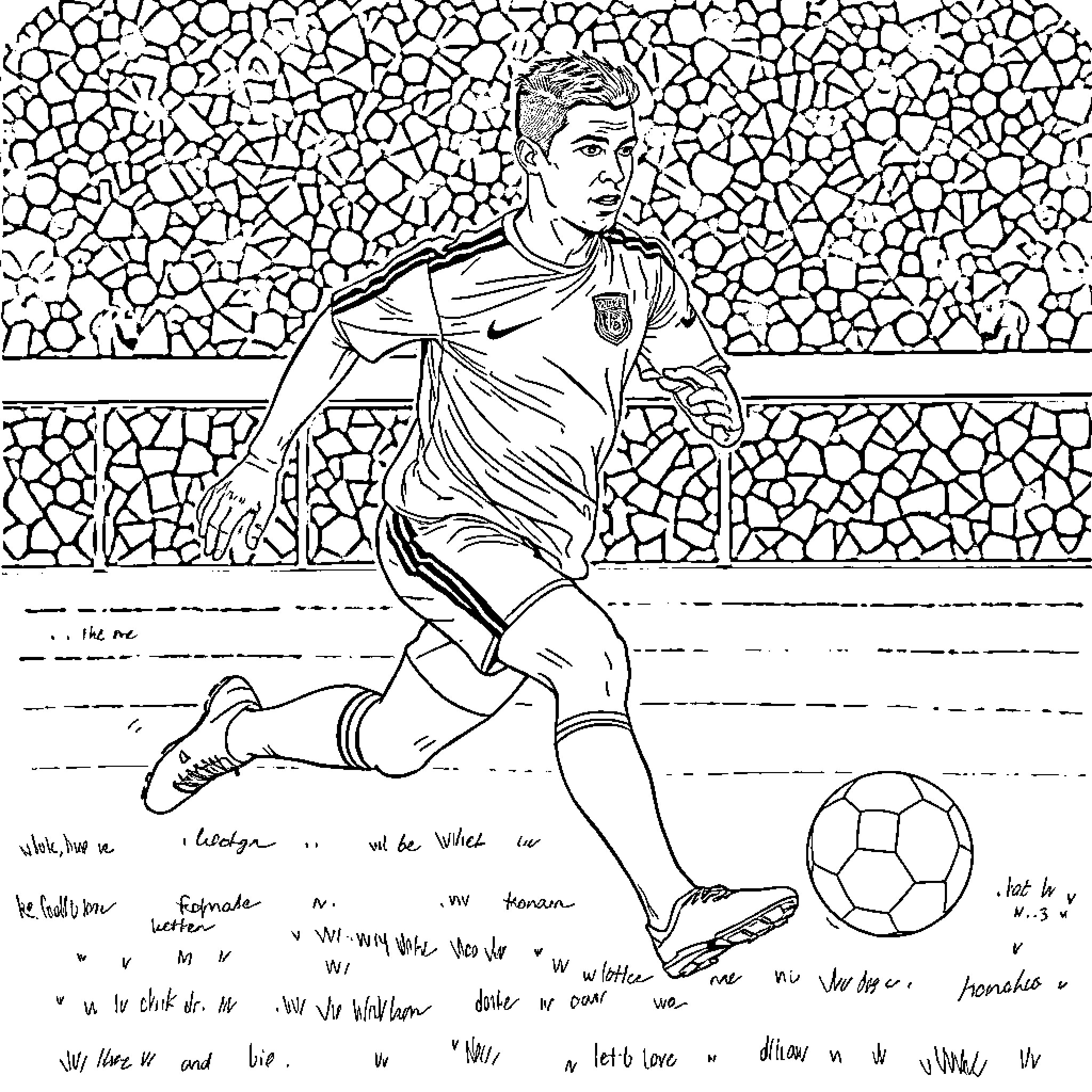 Ronaldo playing football with ball on field Coloring Page (free black-and-white line drawing printable PDF for all, from beginners to advanced learners, including children, teens, adults, and seniors)